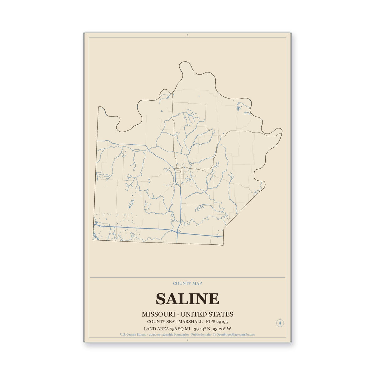 Saline County, Missouri Map Aluminum Sign in Heritage Nautical style