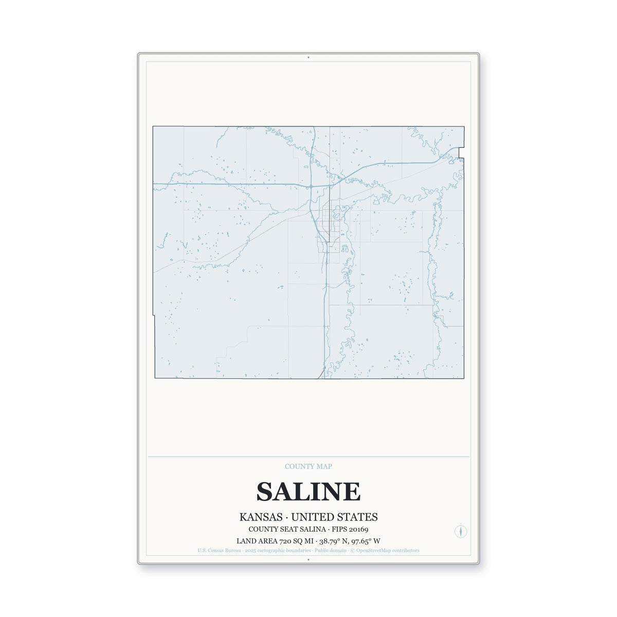 Saline County, Kansas Map Aluminum Sign in Gallery Air style