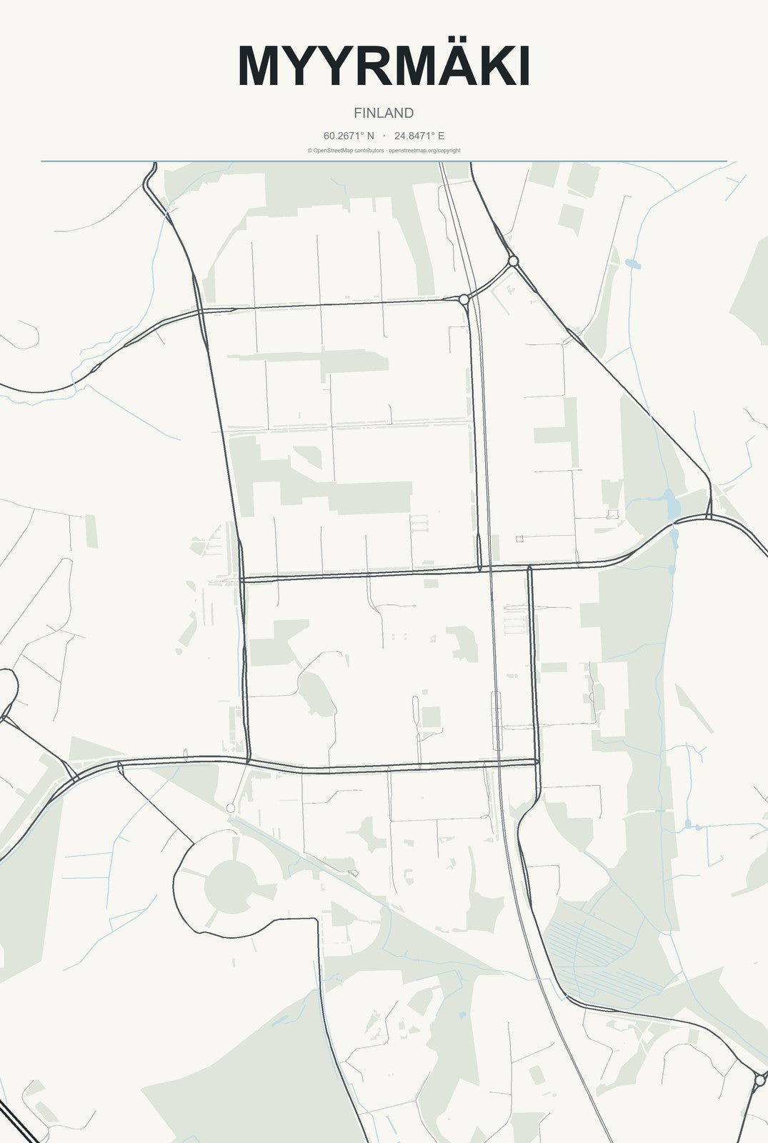 Myyrmäki, Finland City Map Aluminum Sign in Headline Atlas style