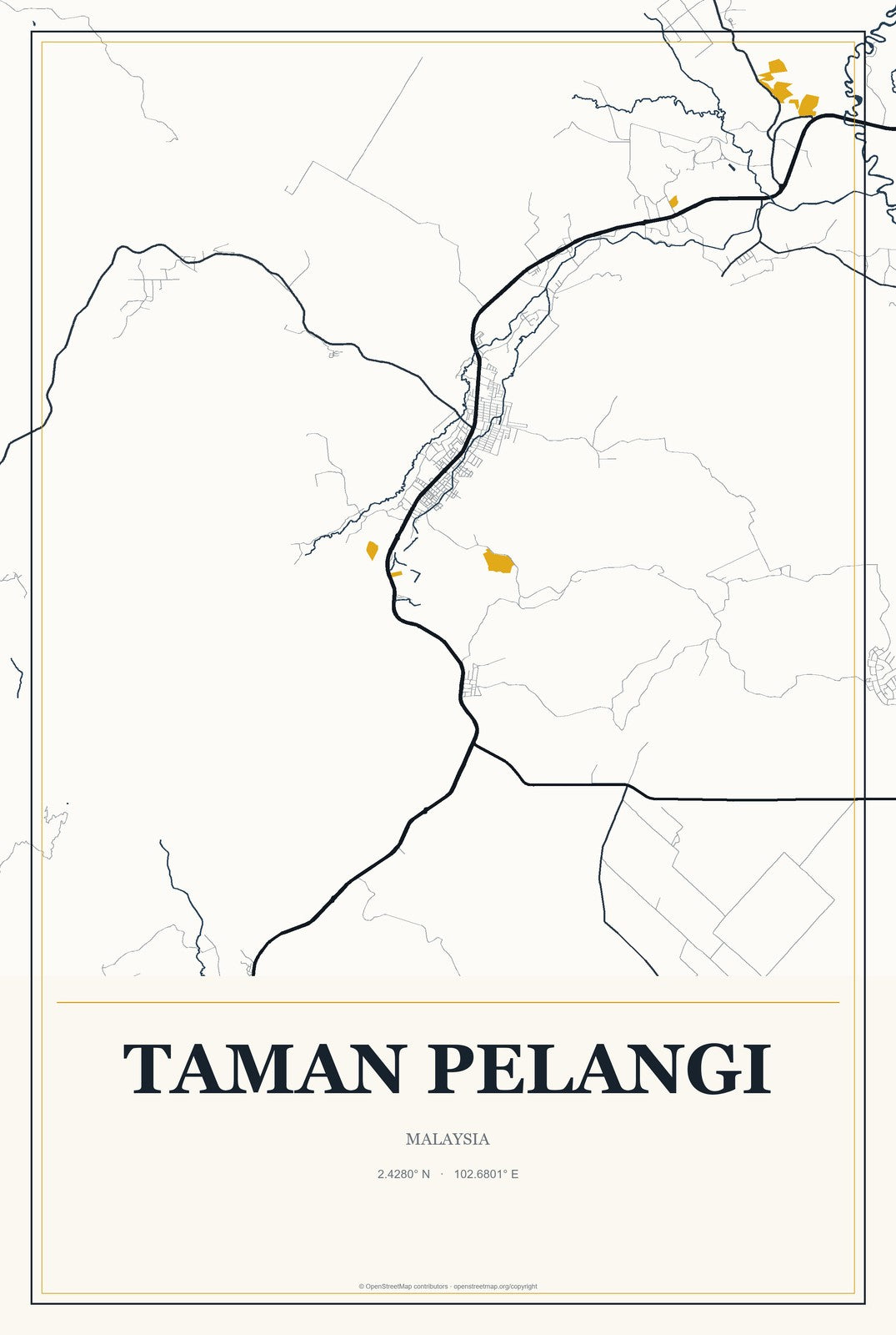 Taman Pelangi, Malaysia City Map Aluminum Sign in Citrine Modern style