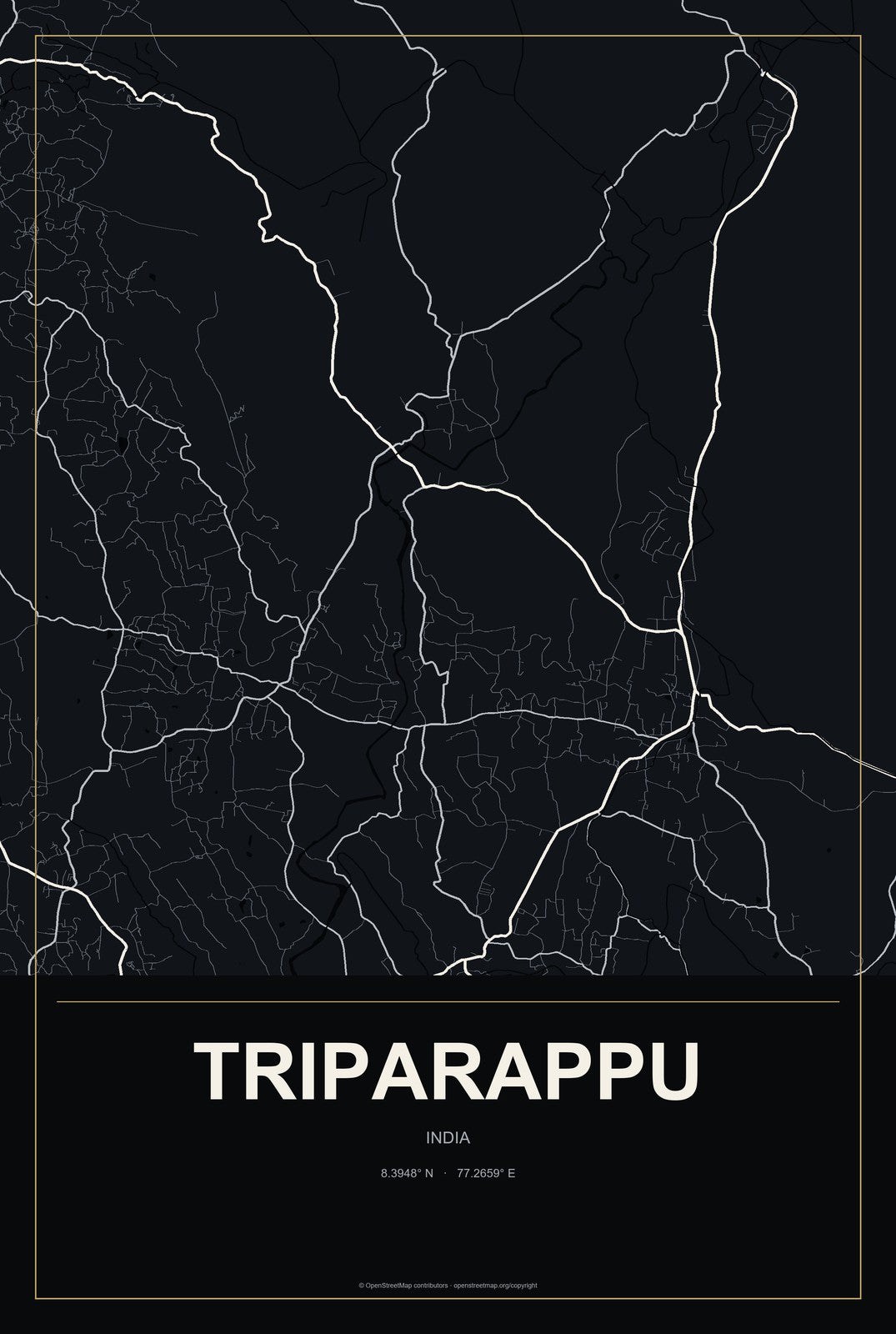 Triparappu, India City Map Aluminum Sign in Metropolitan Noir style