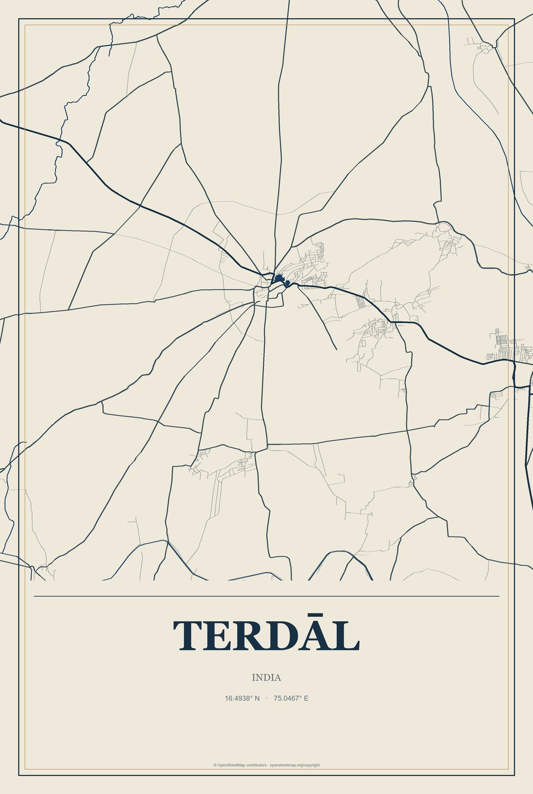 Terdāl, India City Map Aluminum Sign in Coastal Cutout style