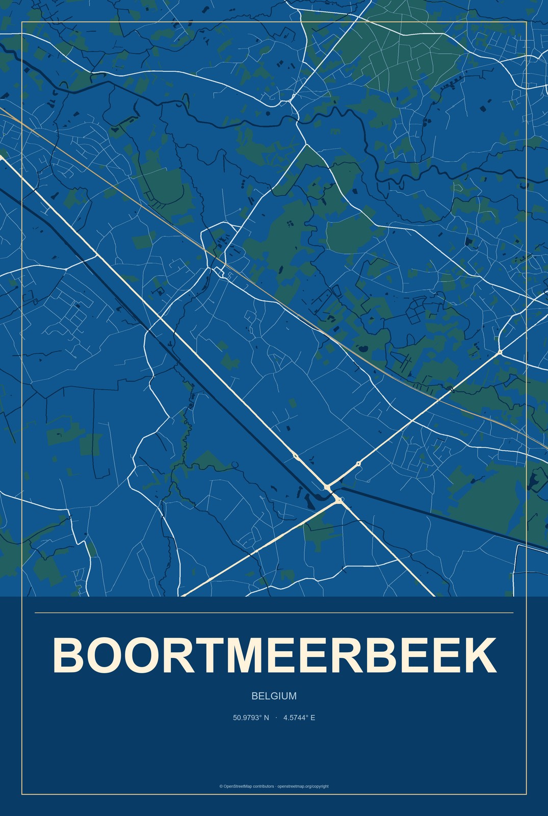 Boortmeerbeek, Belgium City Map Aluminum Sign in Harbor Cobalt style