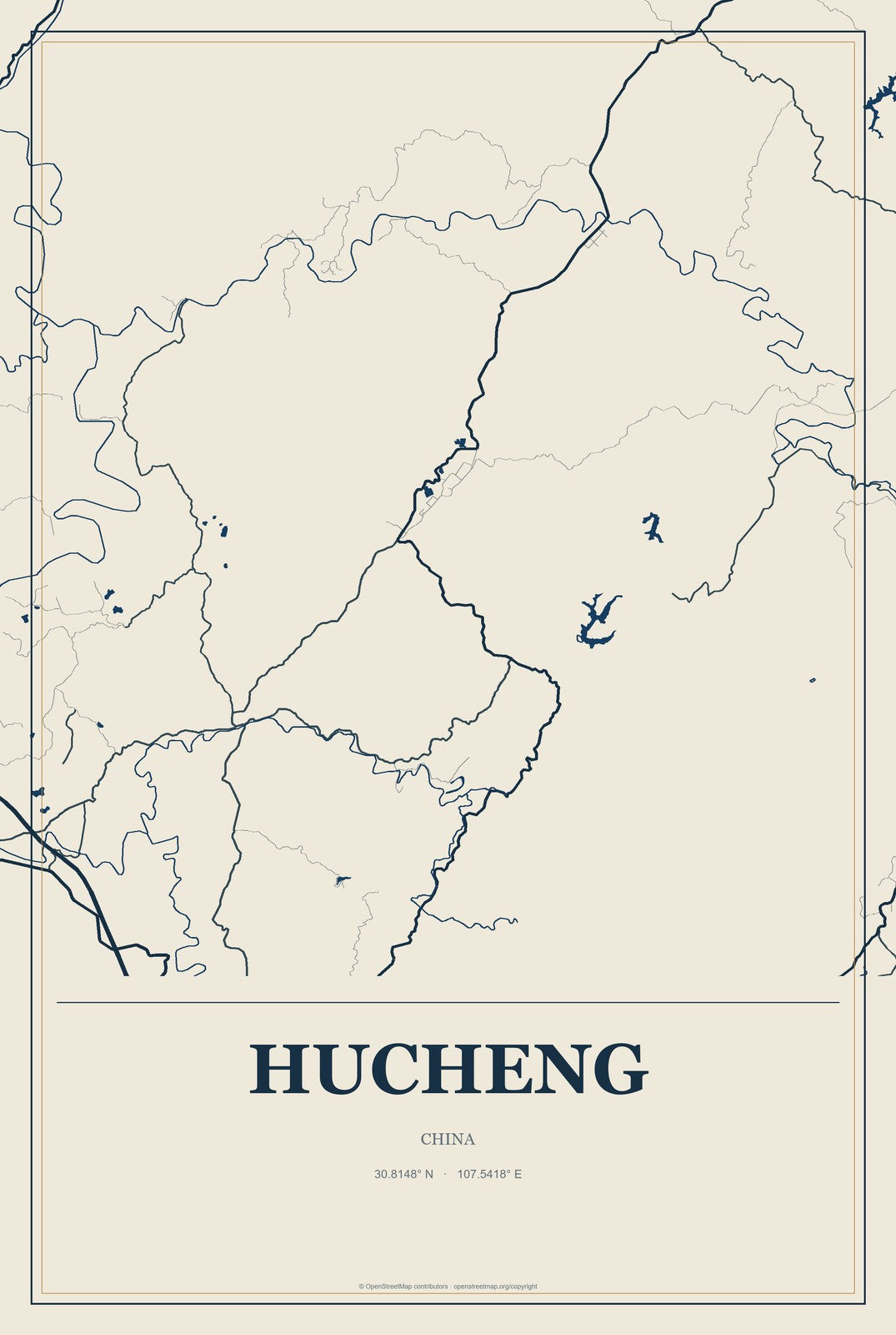 Hucheng, China City Map Aluminum Sign in Coastal Cutout style