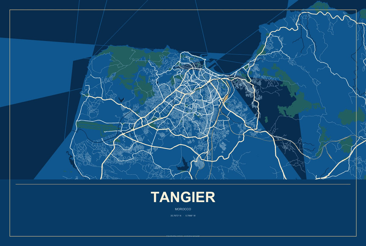 Tangier, Morocco City Map Aluminum Sign in Harbor Cobalt style