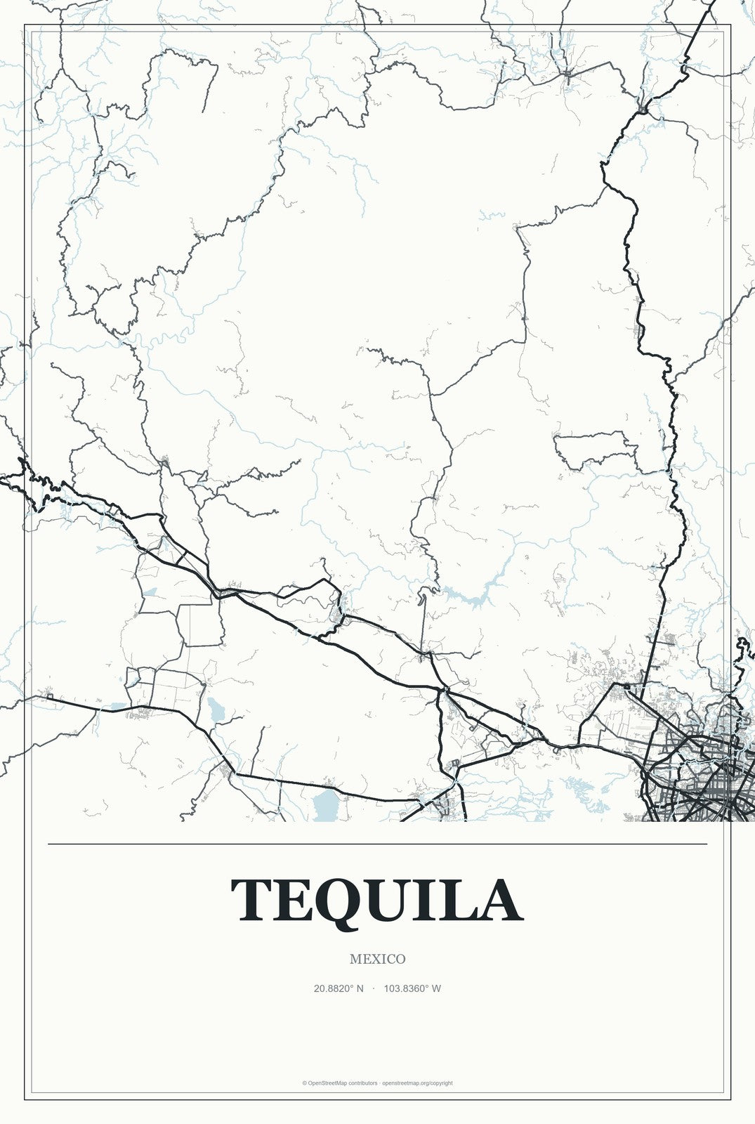 Tequila, Mexico City Map Aluminum Sign in Gallery Air style