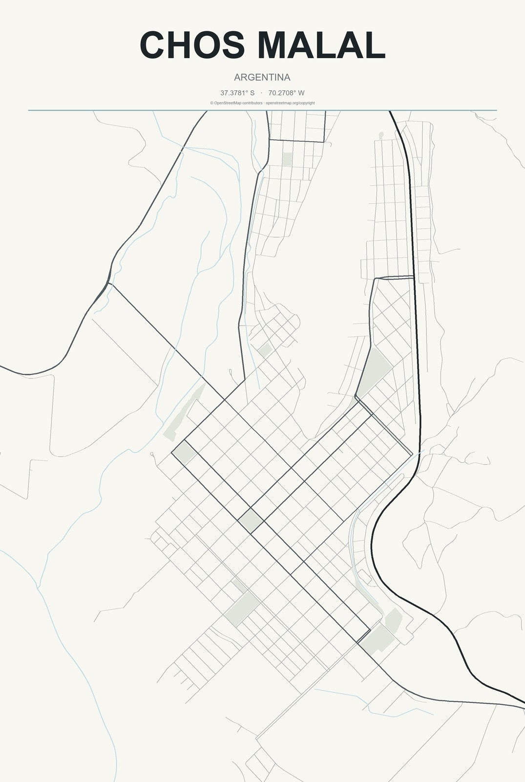 Chos Malal, Argentina City Map Aluminum Sign in Headline Atlas style