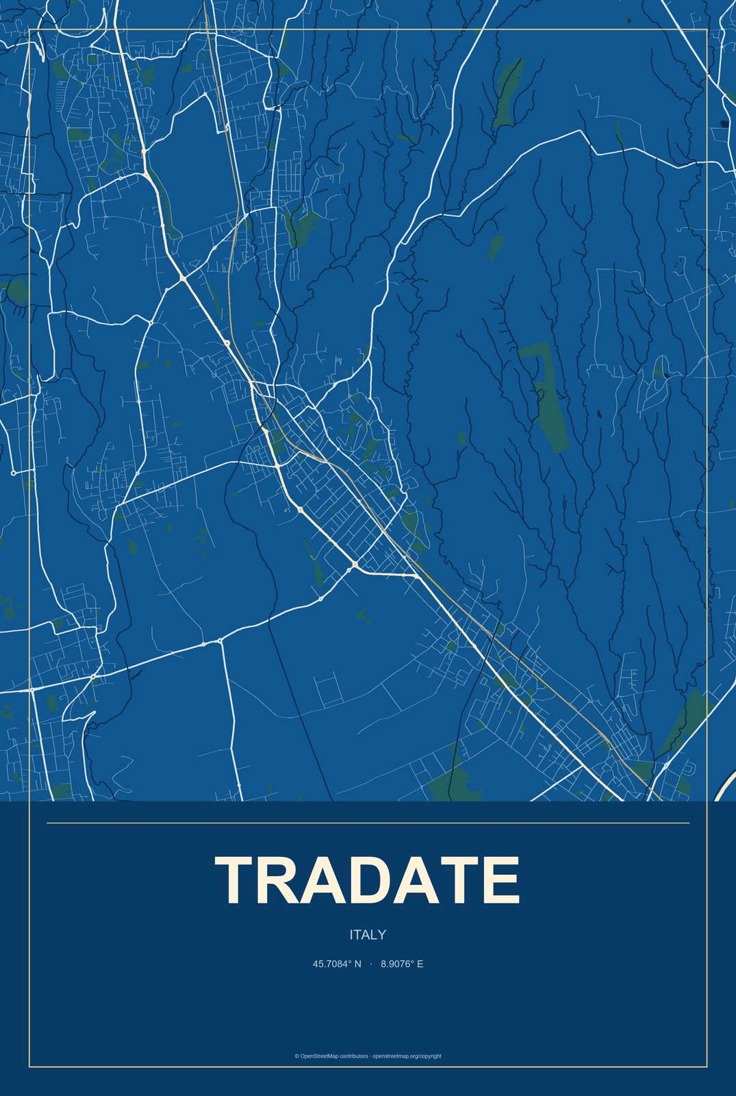Tradate, Italy City Map Aluminum Sign in Harbor Cobalt style