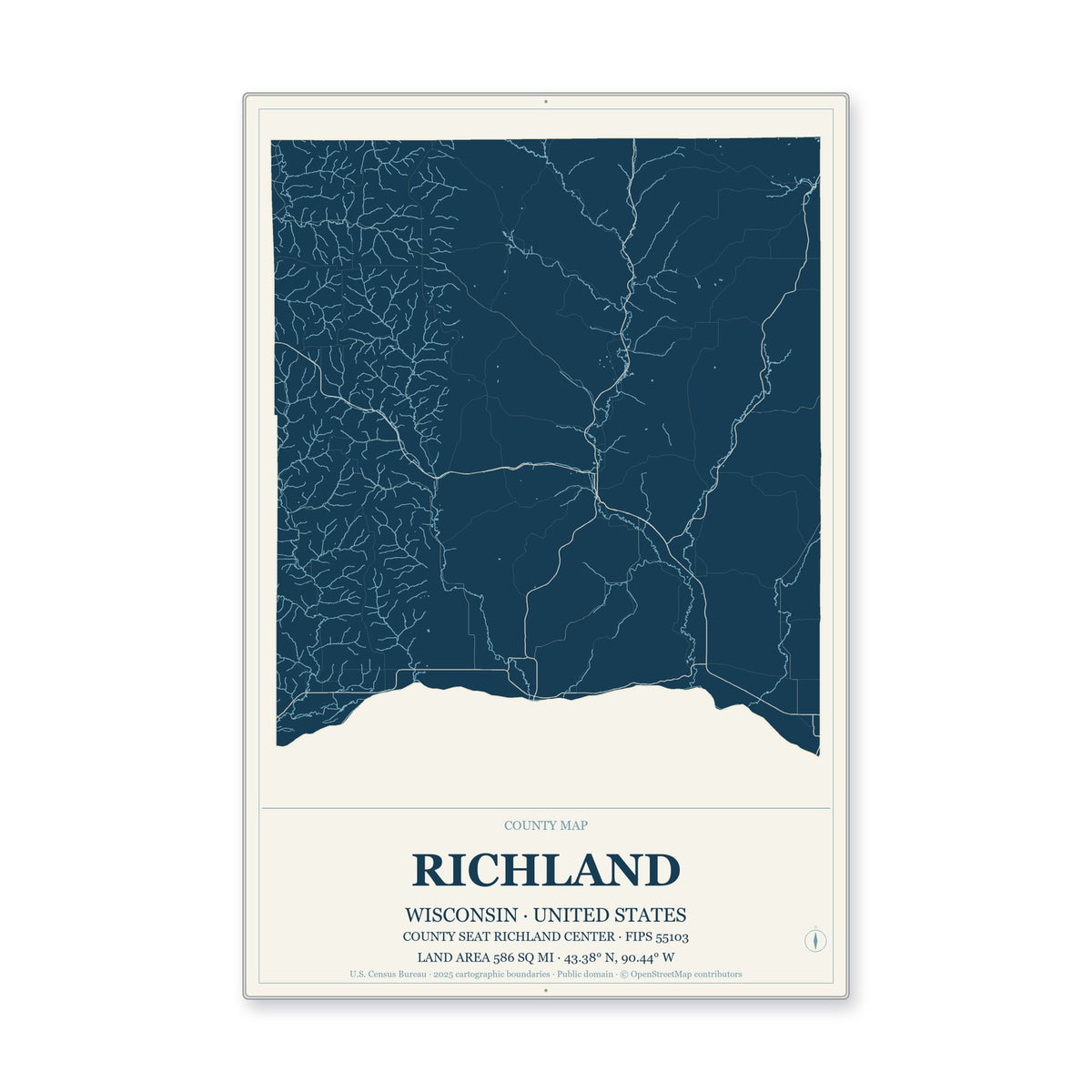 Richland County, Wisconsin Map Aluminum Sign in Coastal Cutout style