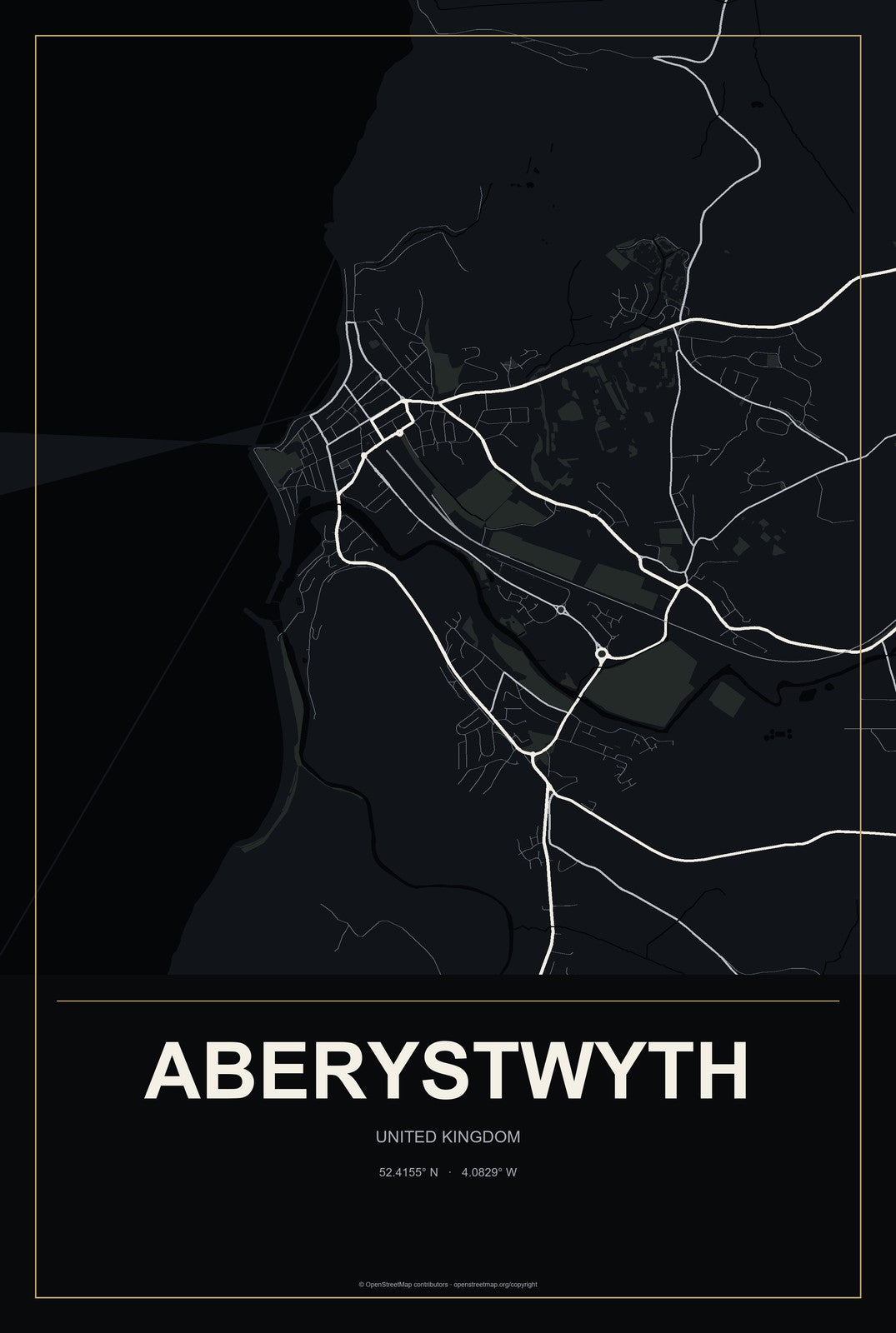 Aberystwyth, United Kingdom City Map Aluminum Sign in Metropolitan Noir style