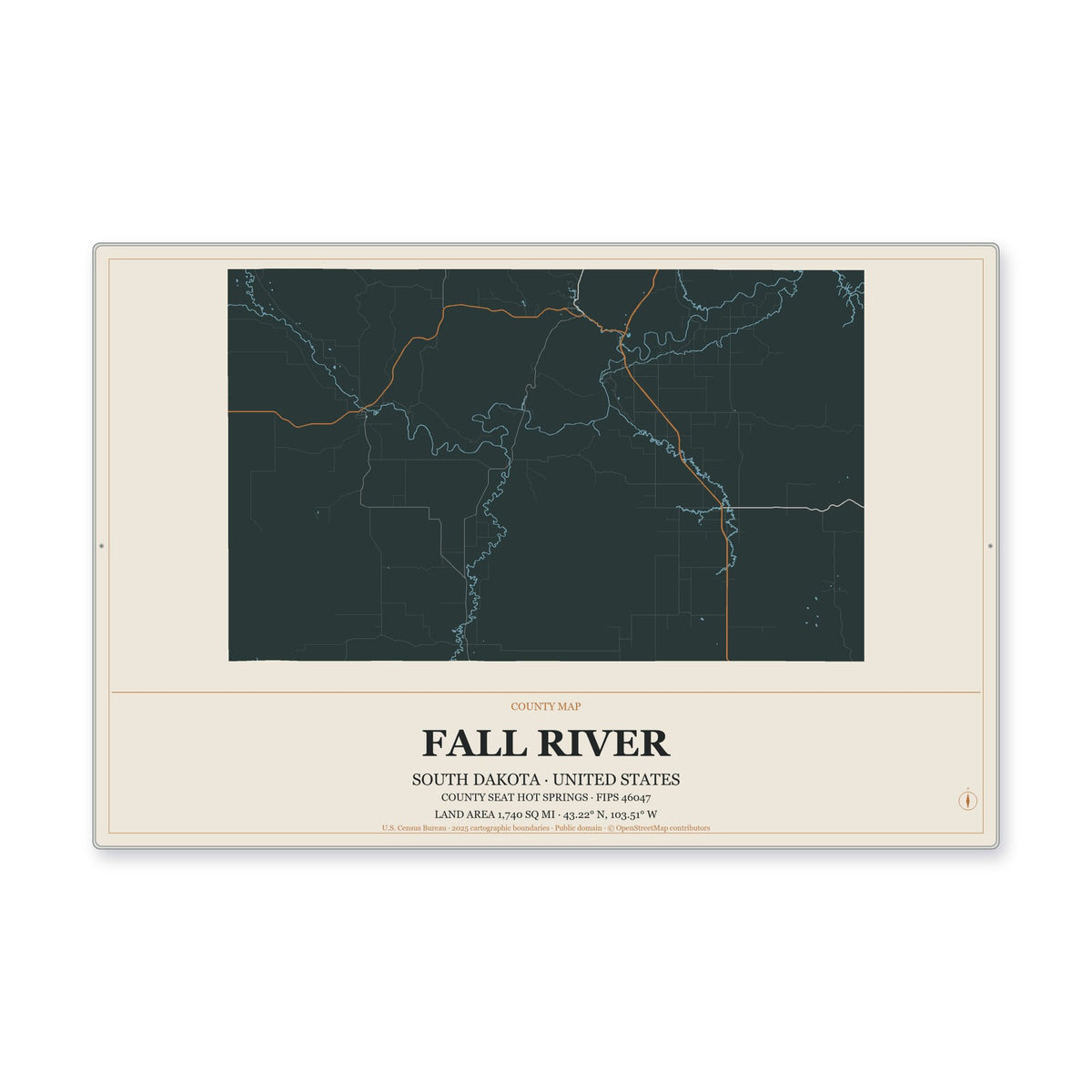 Fall River County, South Dakota Map Aluminum Sign in Headline Atlas style