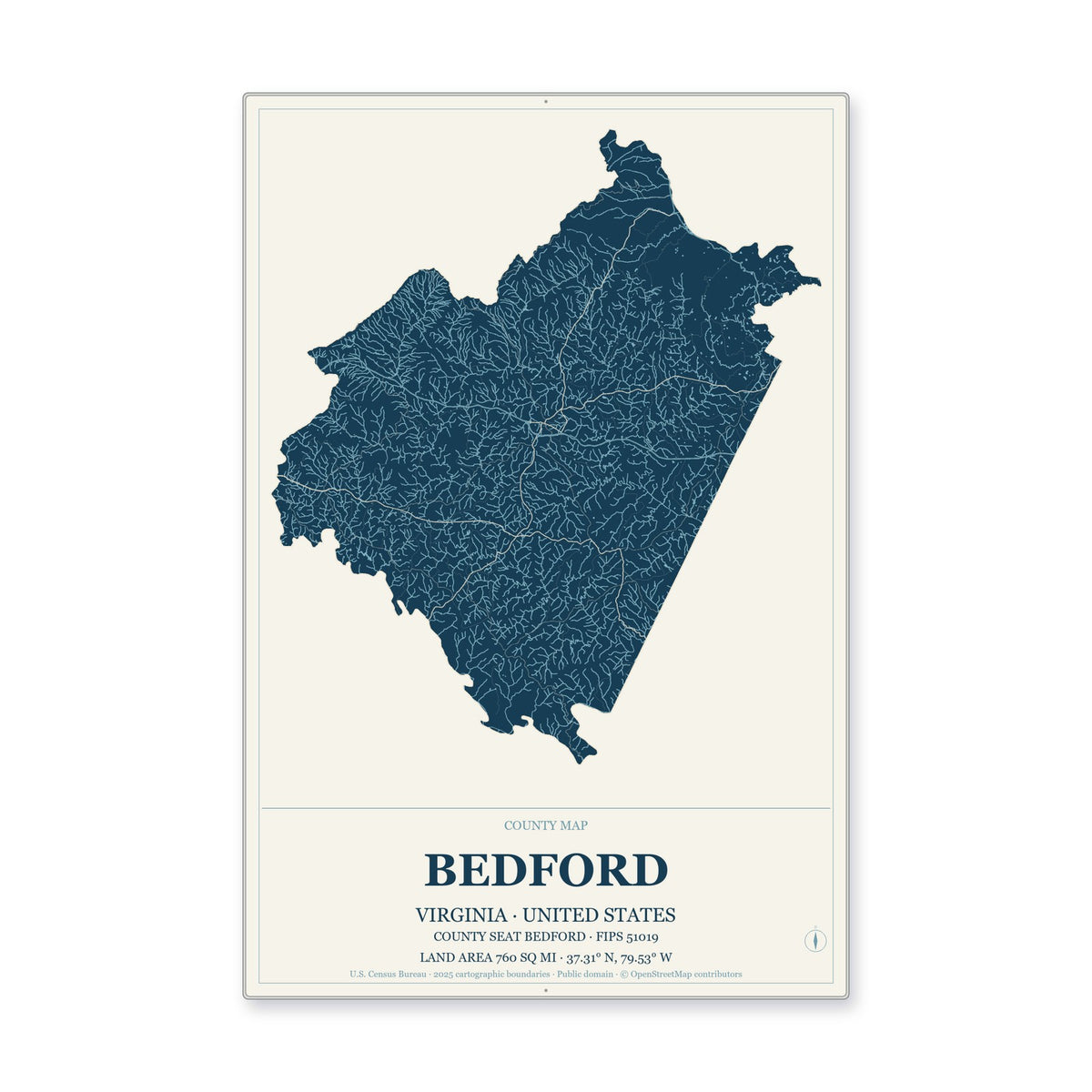 Bedford County, Virginia Map Aluminum Sign in Coastal Cutout style