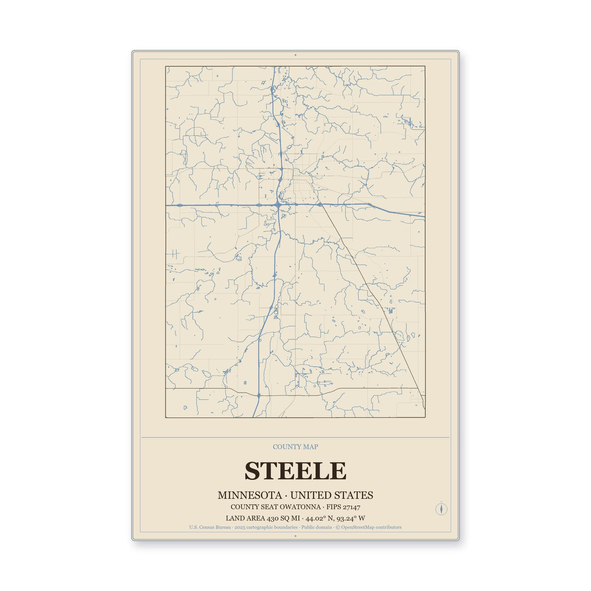 Steele County, Minnesota Map Aluminum Sign in Heritage Nautical style