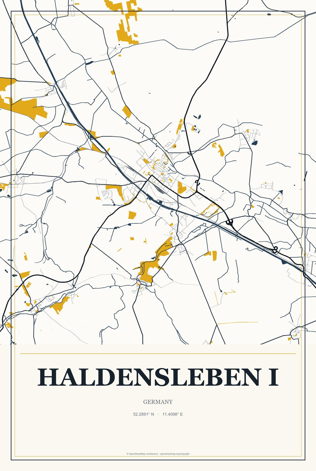 Haldensleben I, Germany City Map Aluminum Sign in Citrine Modern style