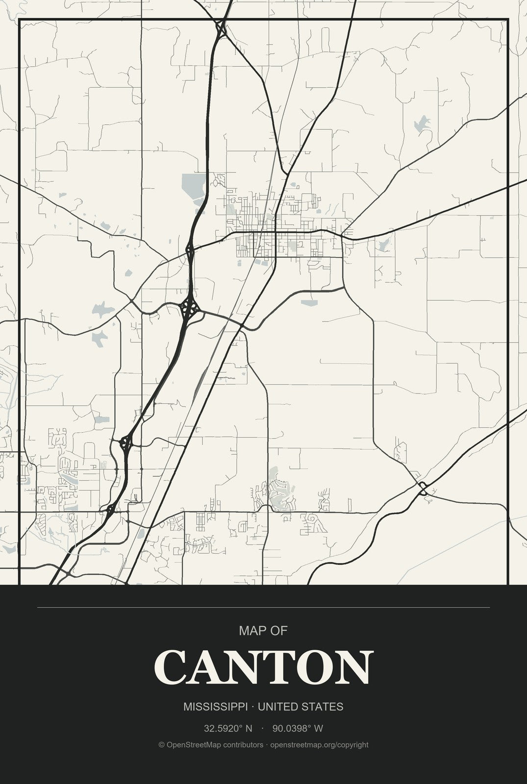 Canton, Mississippi City Map Aluminum Sign in Museum Plaque style