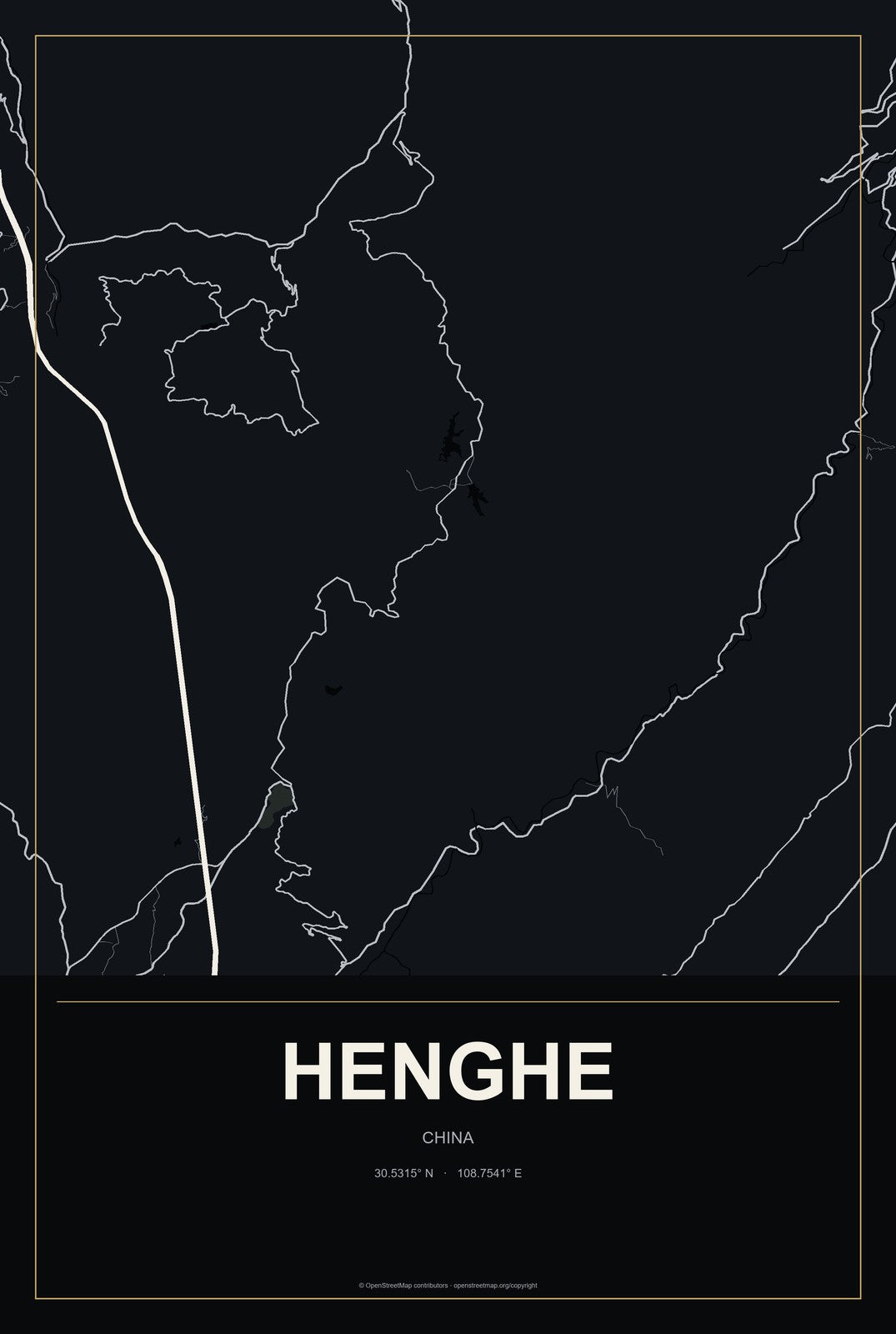 Henghe, China City Map Aluminum Sign in Metropolitan Noir style