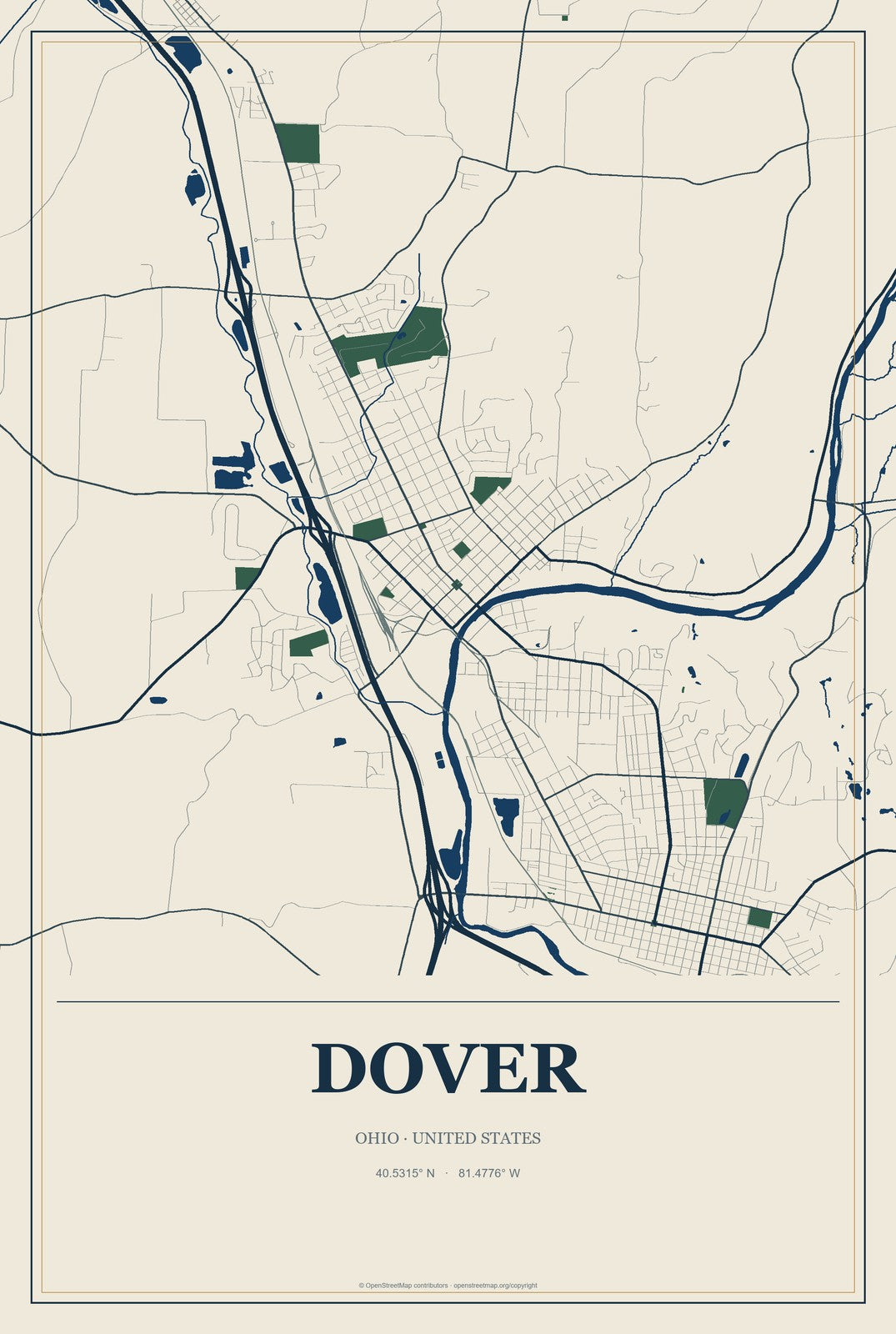 Dover, Ohio City Map Aluminum Sign in Coastal Cutout style