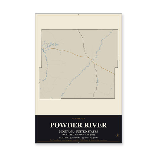 Powder River County, Montana Map Aluminum Sign in Museum Plaque style