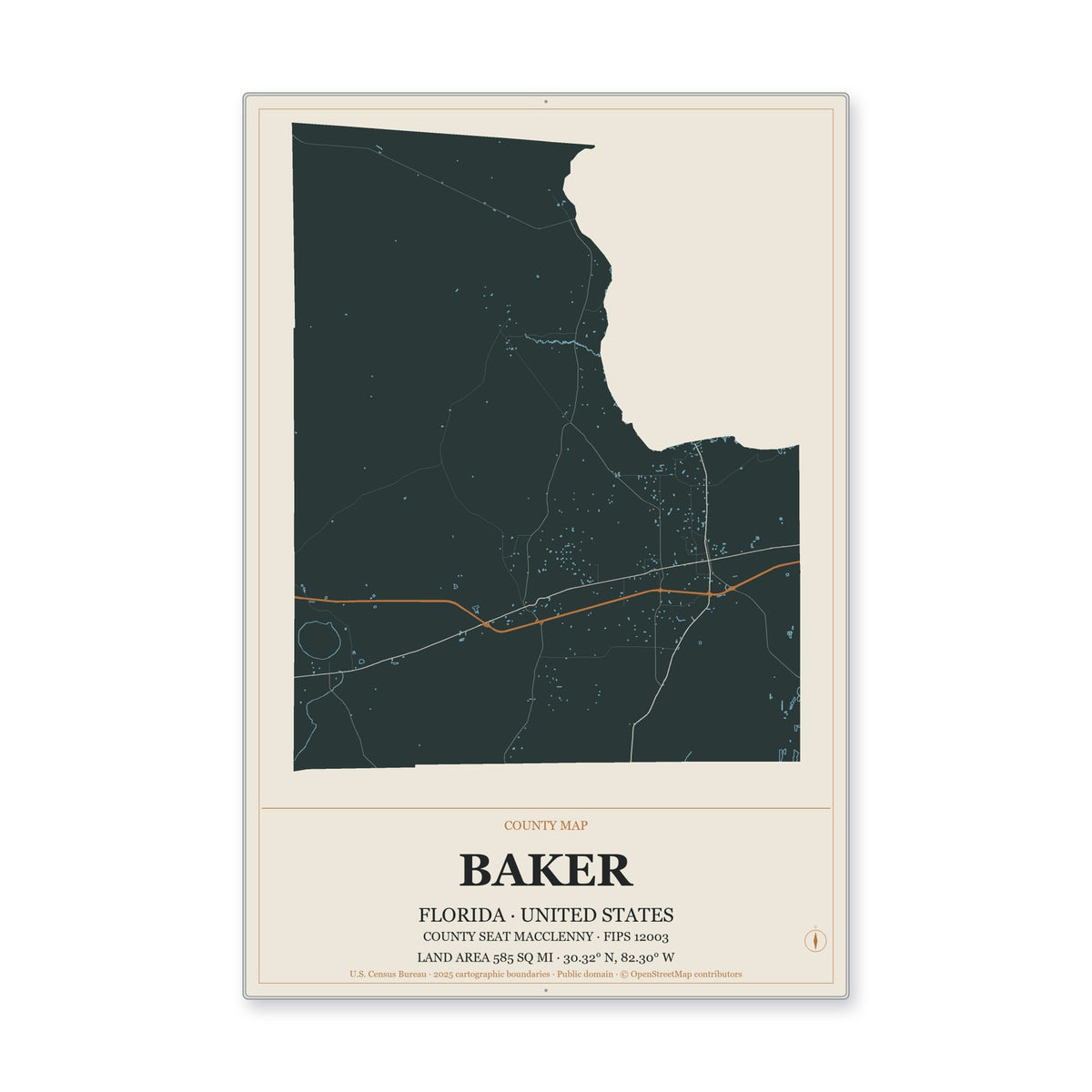 Baker County, Florida Map Aluminum Sign in Headline Atlas style