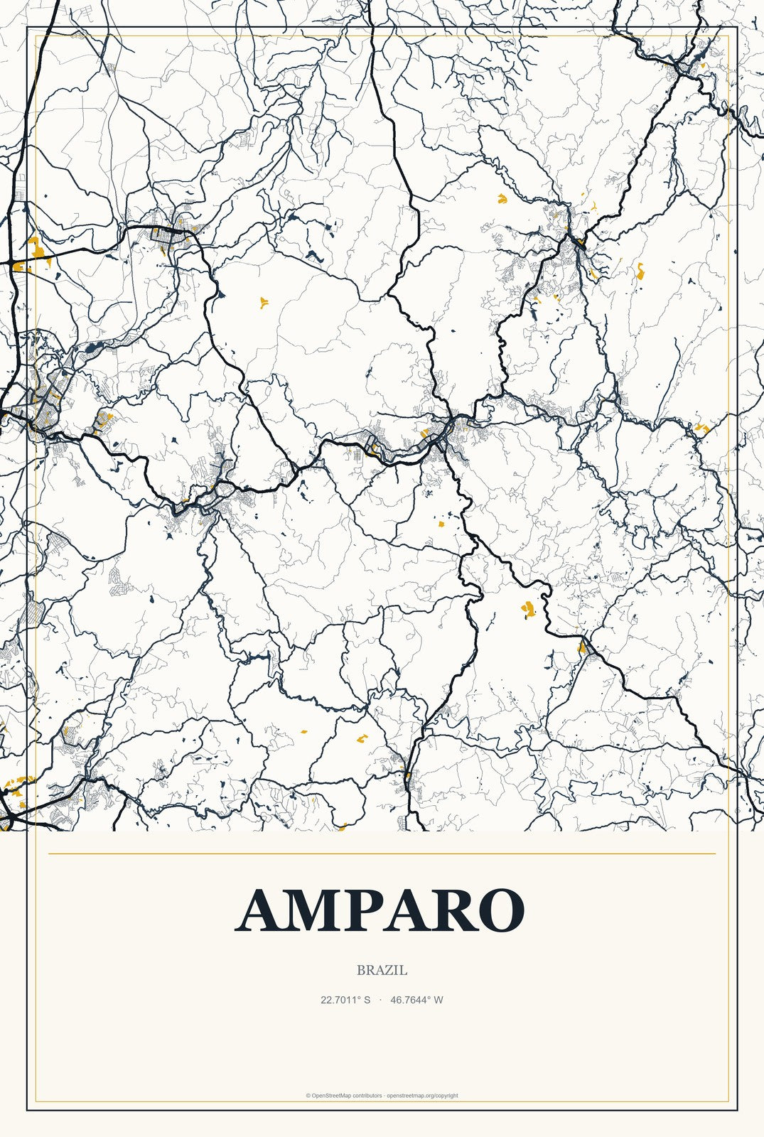 Amparo, Brazil City Map Aluminum Sign in Citrine Modern style