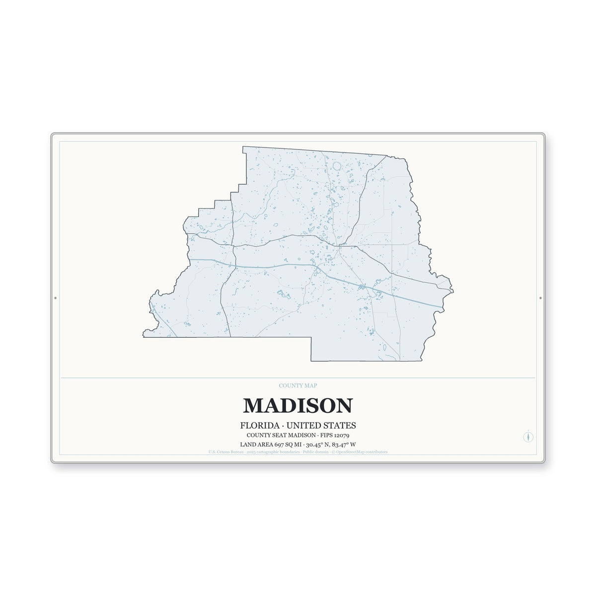 Madison County, Florida Map Aluminum Sign in Gallery Air style
