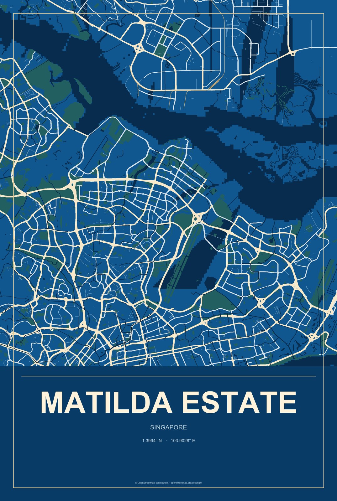 Matilda Estate, Singapore City Map Aluminum Sign in Harbor Cobalt style