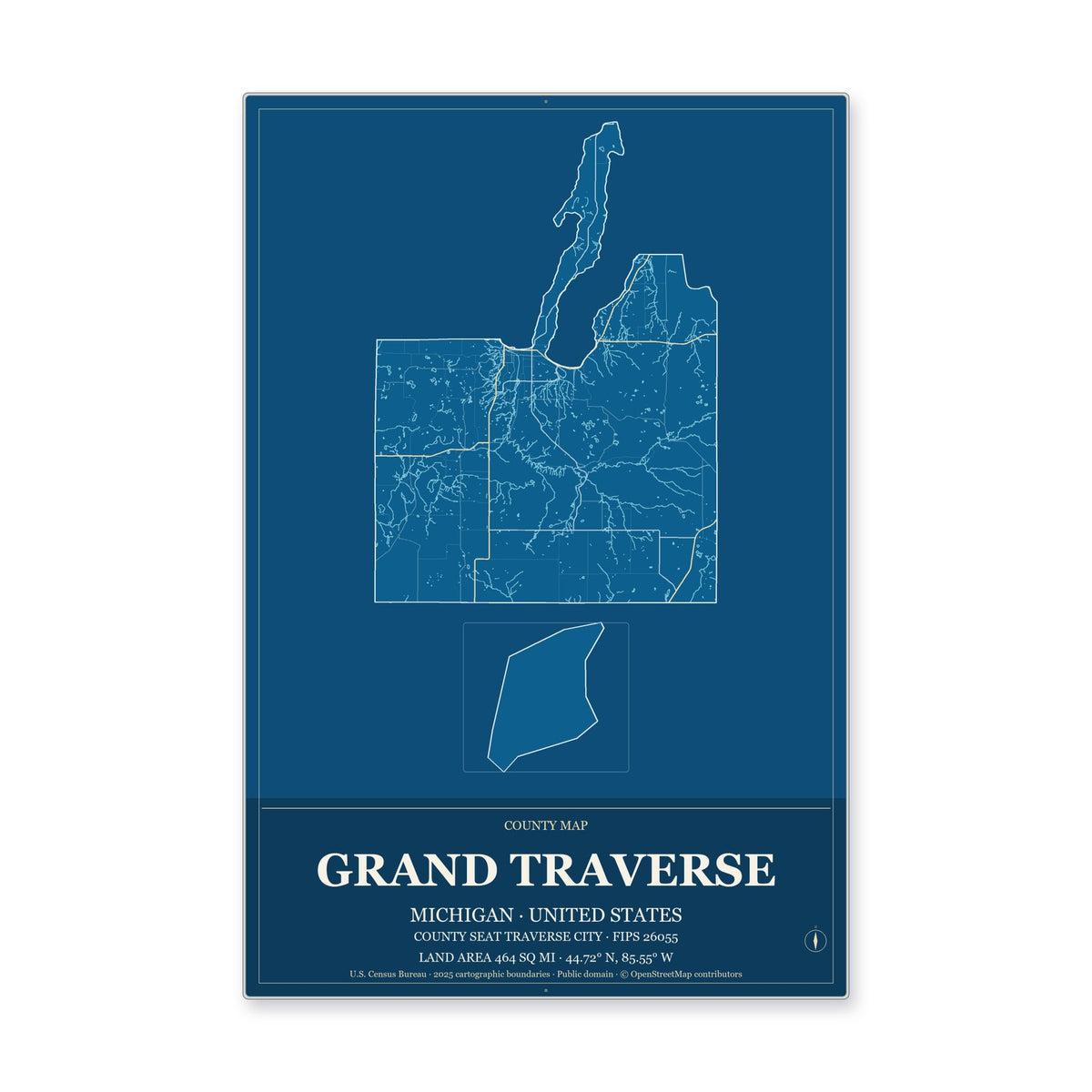 Grand Traverse County, Michigan Map Aluminum Sign in Harbor Cobalt style