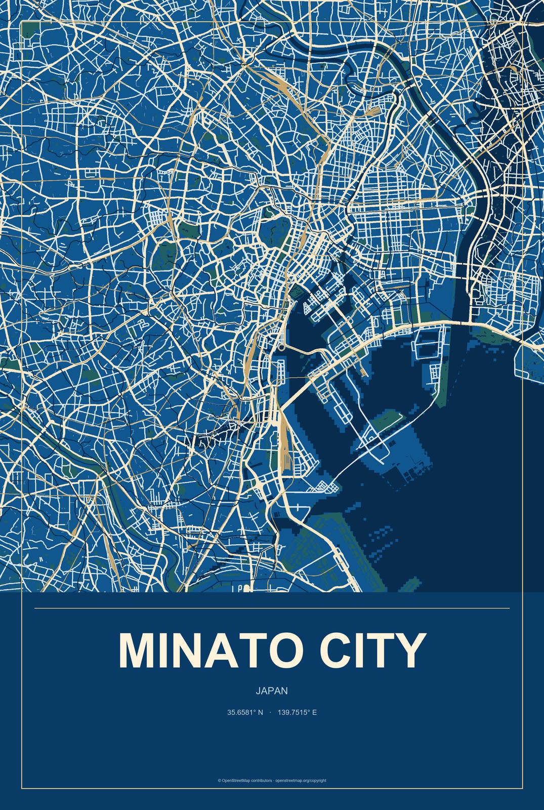 Minato City, Japan City Map Aluminum Sign in Harbor Cobalt style