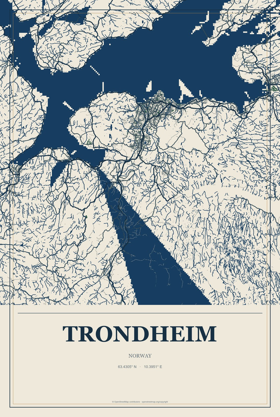 Trondheim, Norway City Map Aluminum Sign in Coastal Cutout style