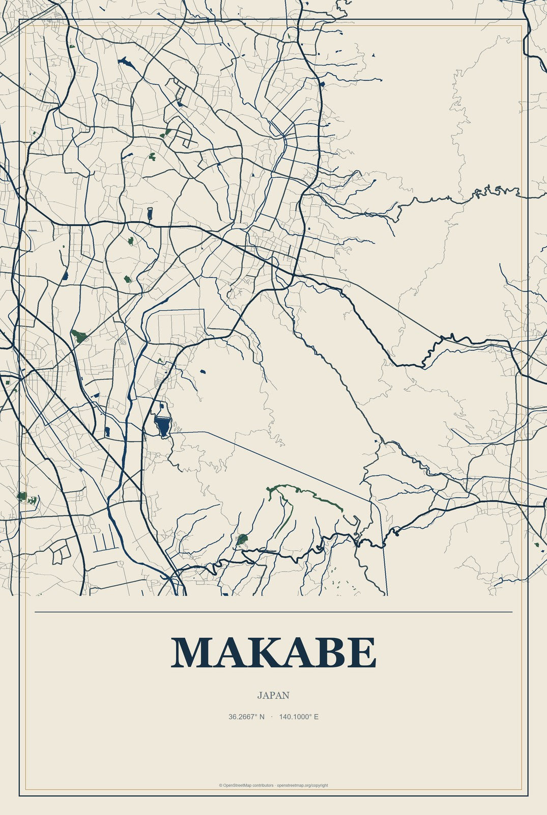 Makabe, Japan City Map Aluminum Sign in Coastal Cutout style