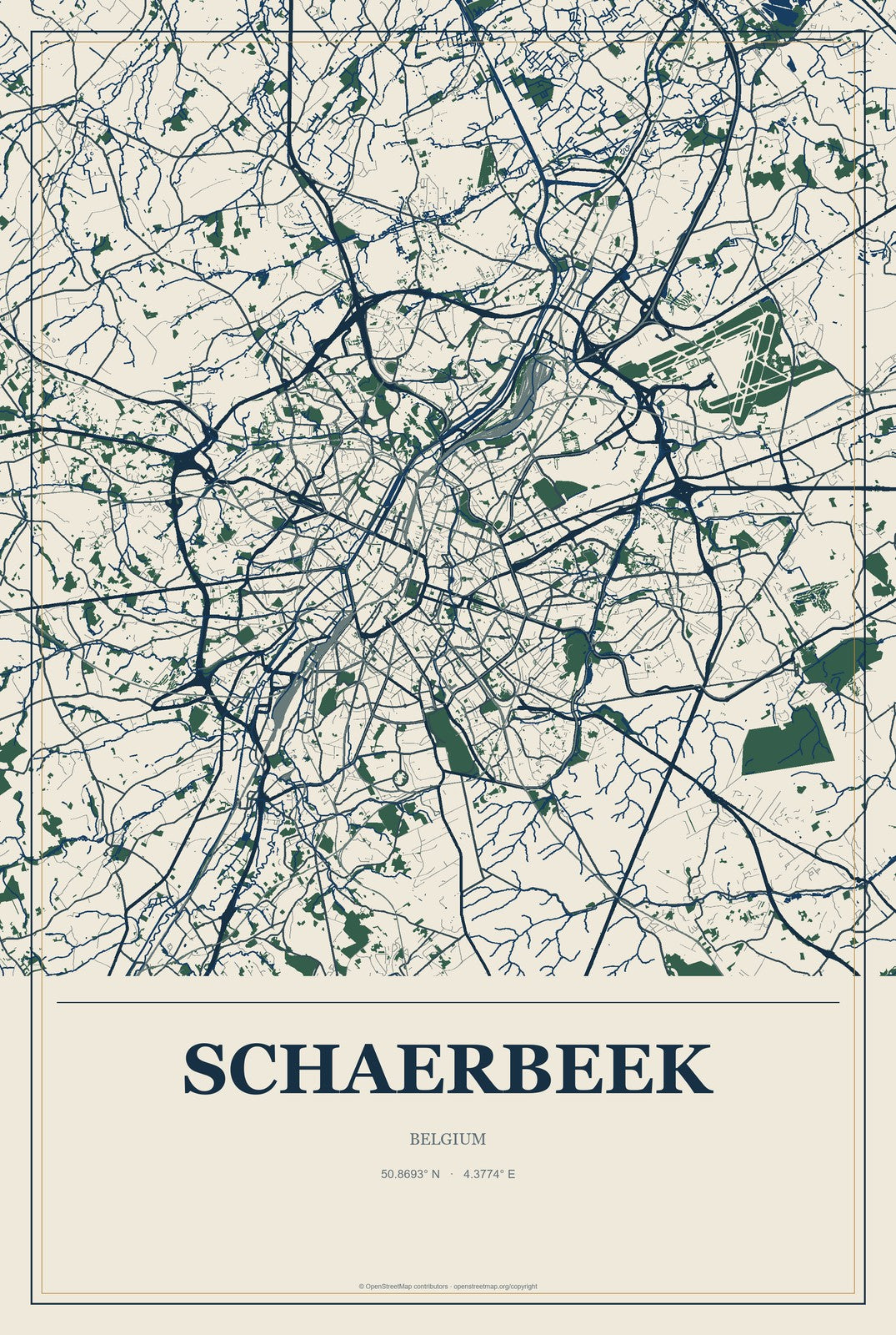 Schaerbeek, Belgium City Map Aluminum Sign in Coastal Cutout style