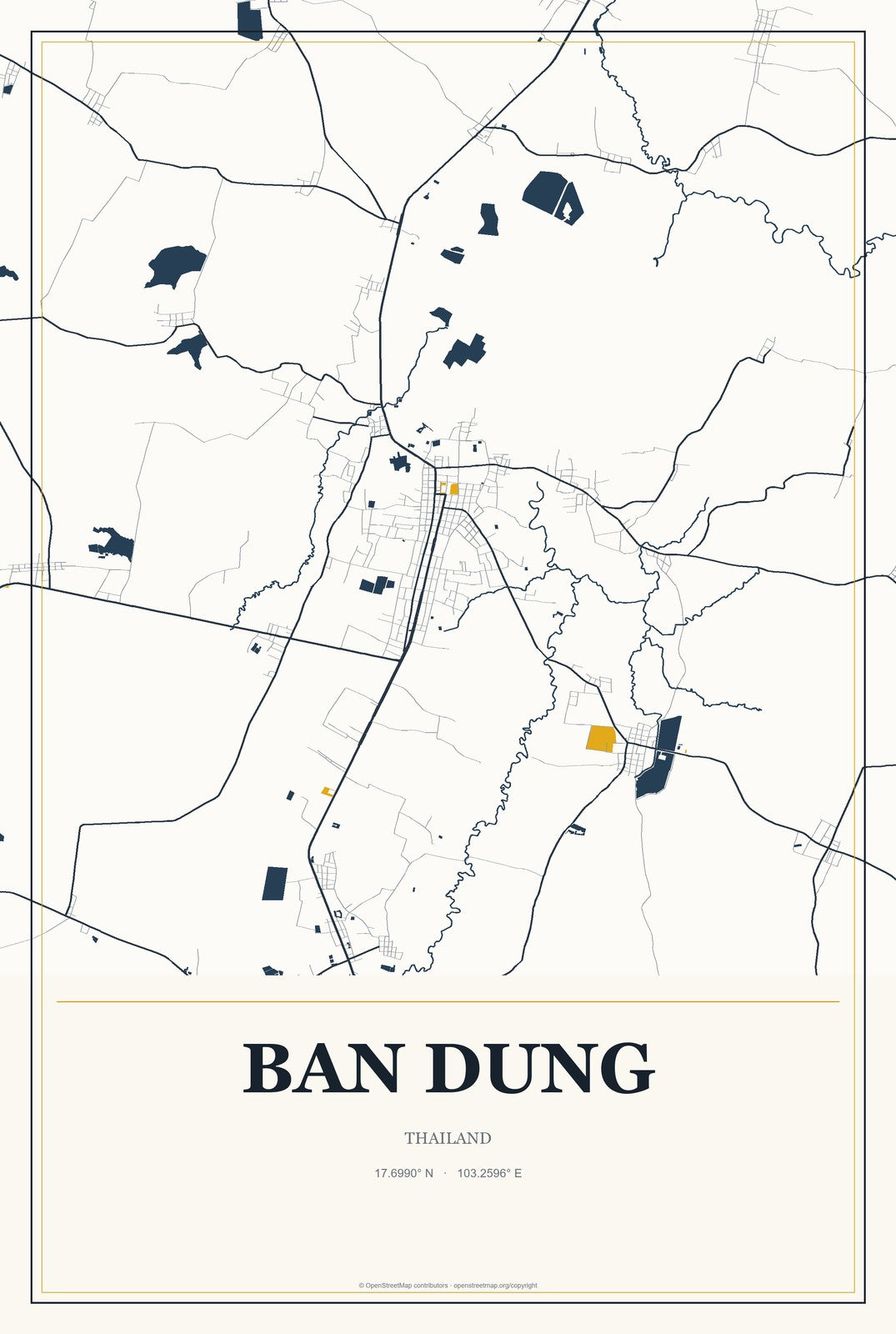 Ban Dung, Thailand City Map Aluminum Sign in Citrine Modern style
