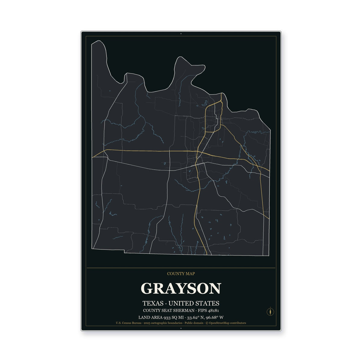 Grayson County, Texas Map Aluminum Sign in Metropolitan Noir style