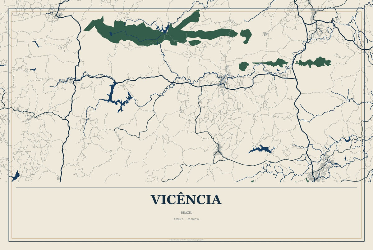 Vicência, Brazil City Map Aluminum Sign in Coastal Cutout style