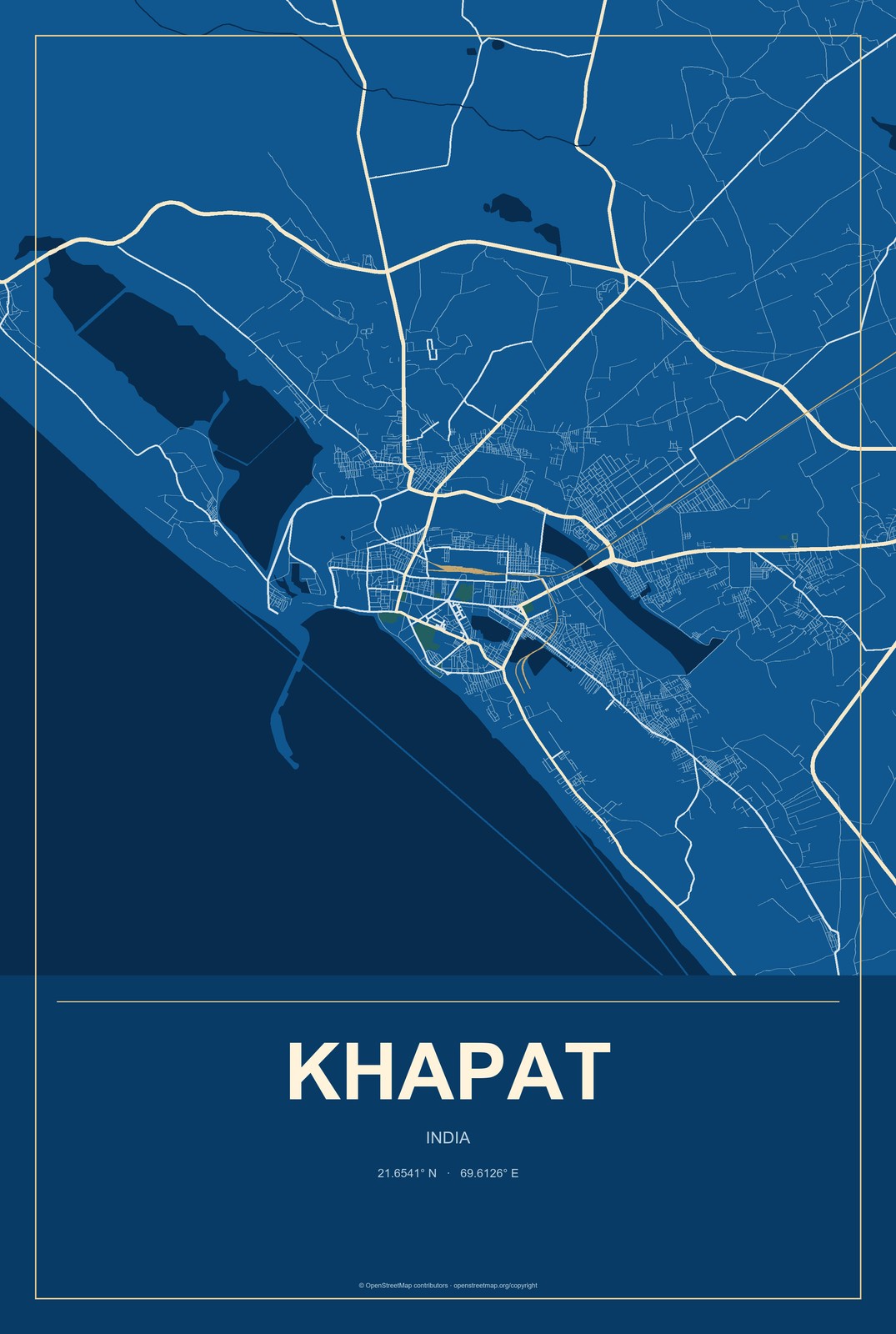 Khapat, India City Map Aluminum Sign in Harbor Cobalt style