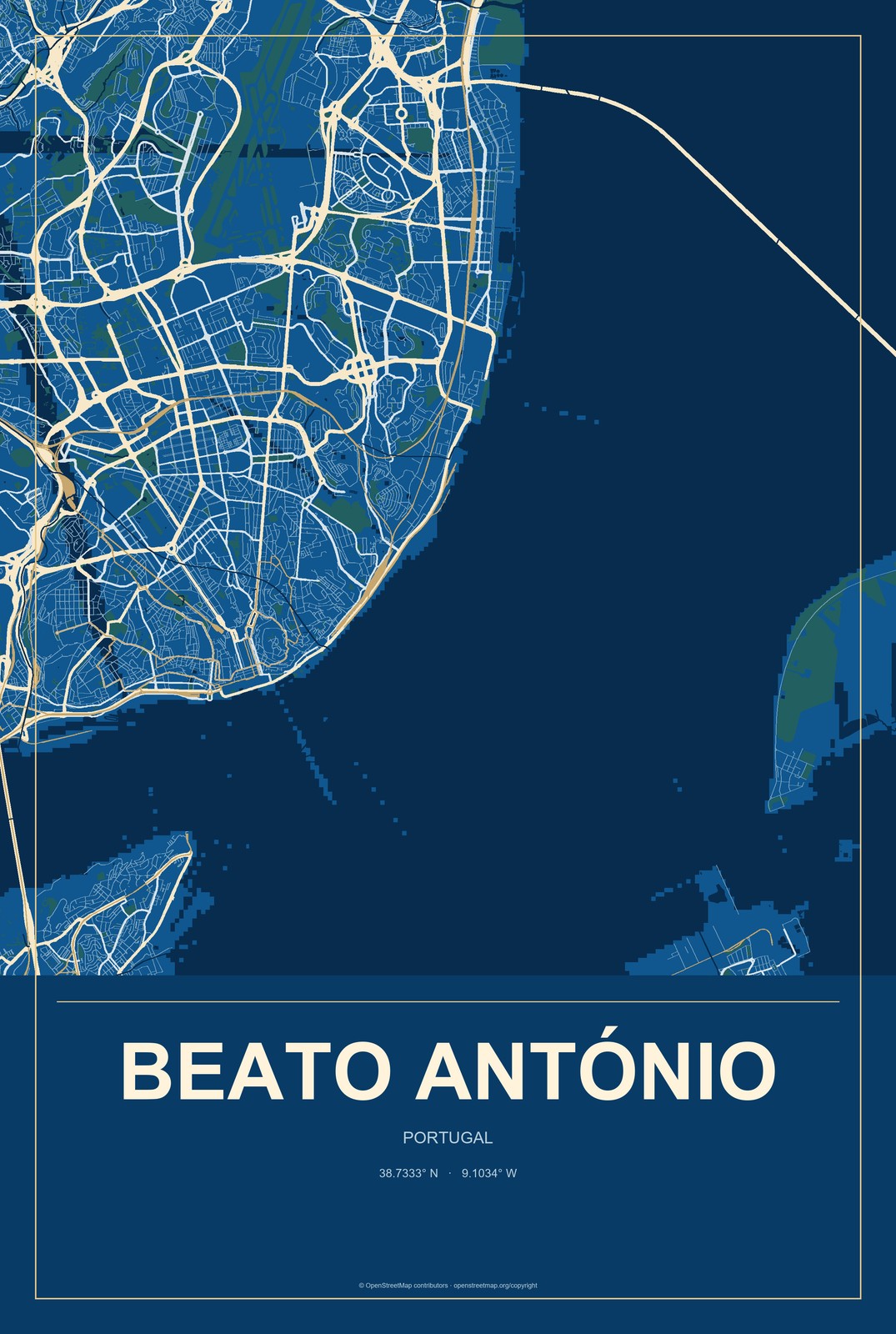 Beato António, Portugal City Map Aluminum Sign in Harbor Cobalt style