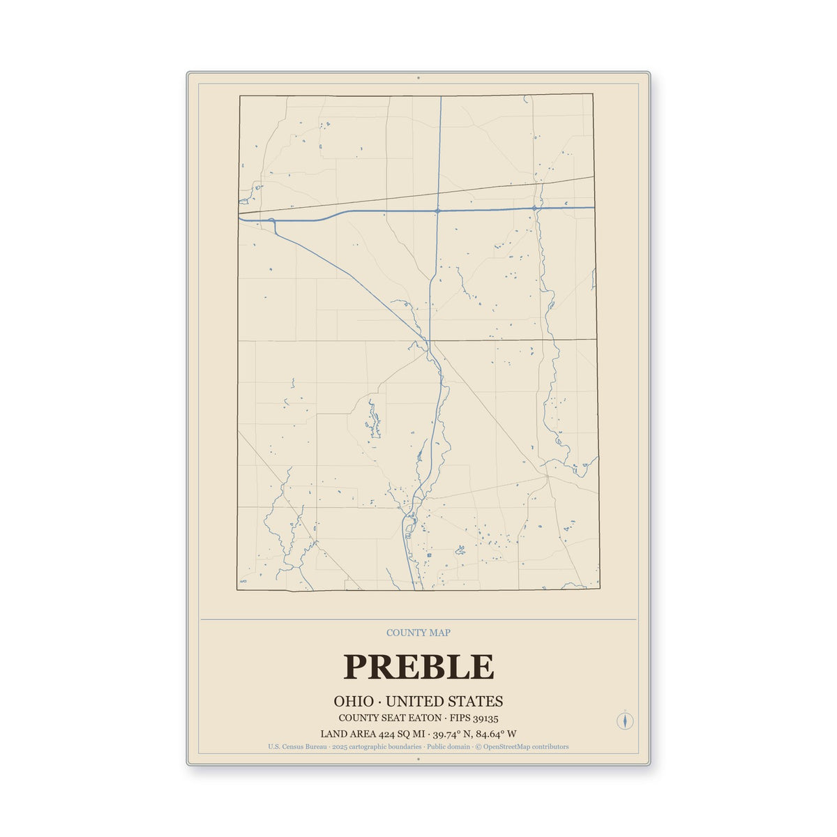Preble County, Ohio Map Aluminum Sign in Heritage Nautical style