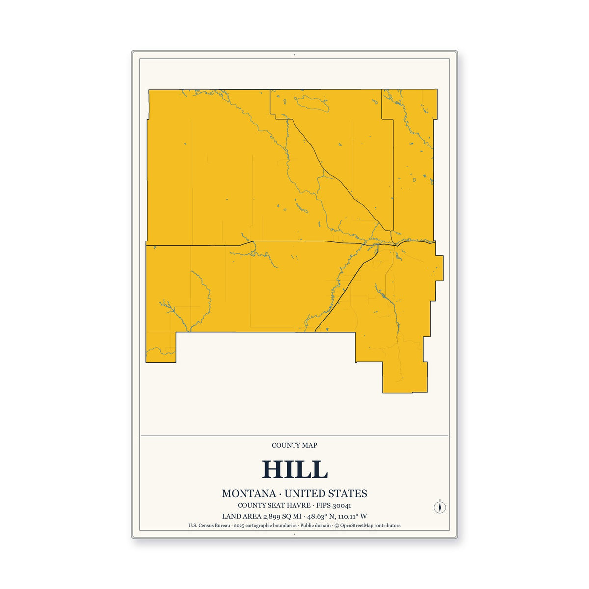 Hill County, Montana Map Aluminum Sign in Citrine Modern style