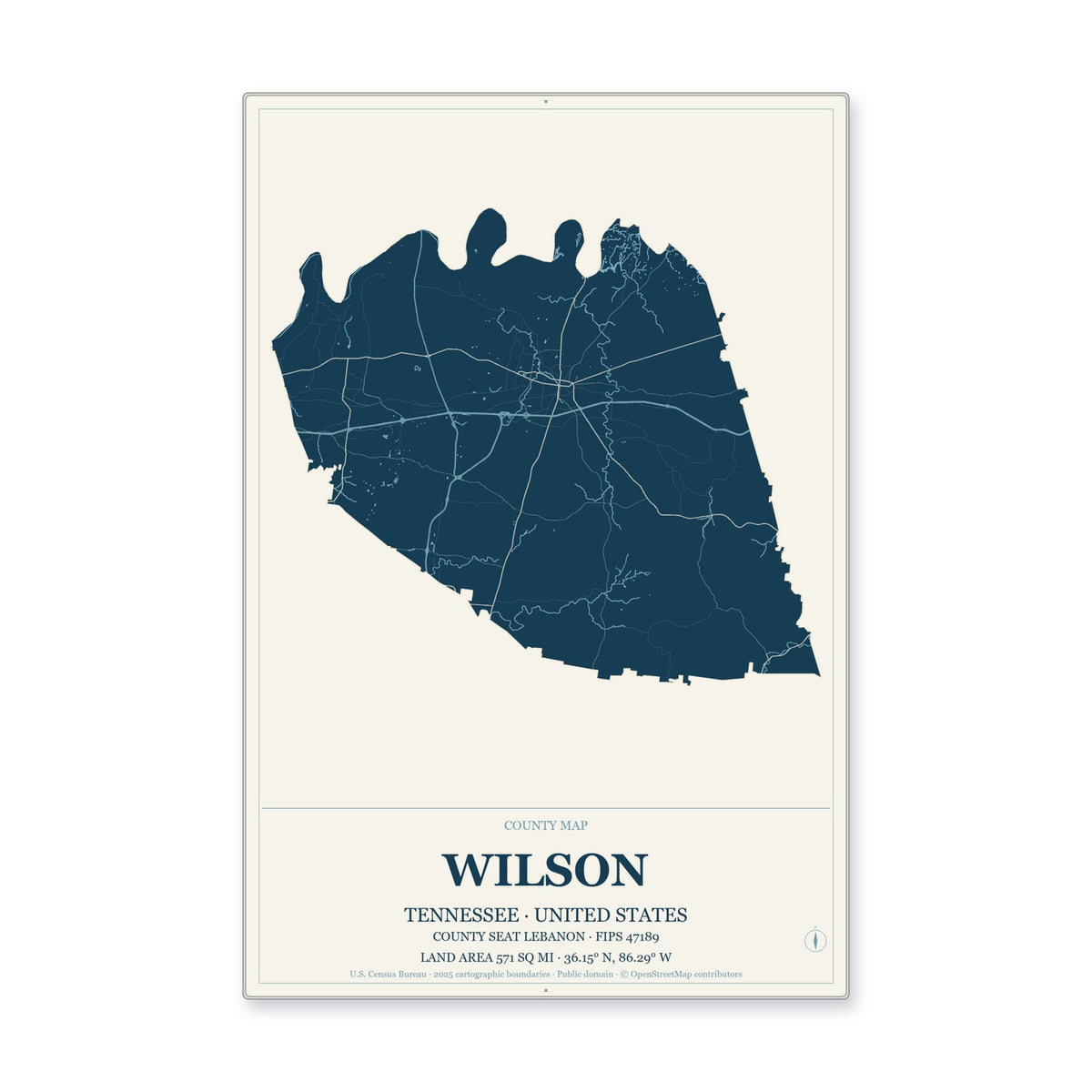Wilson County, Tennessee Map Aluminum Sign in Coastal Cutout style