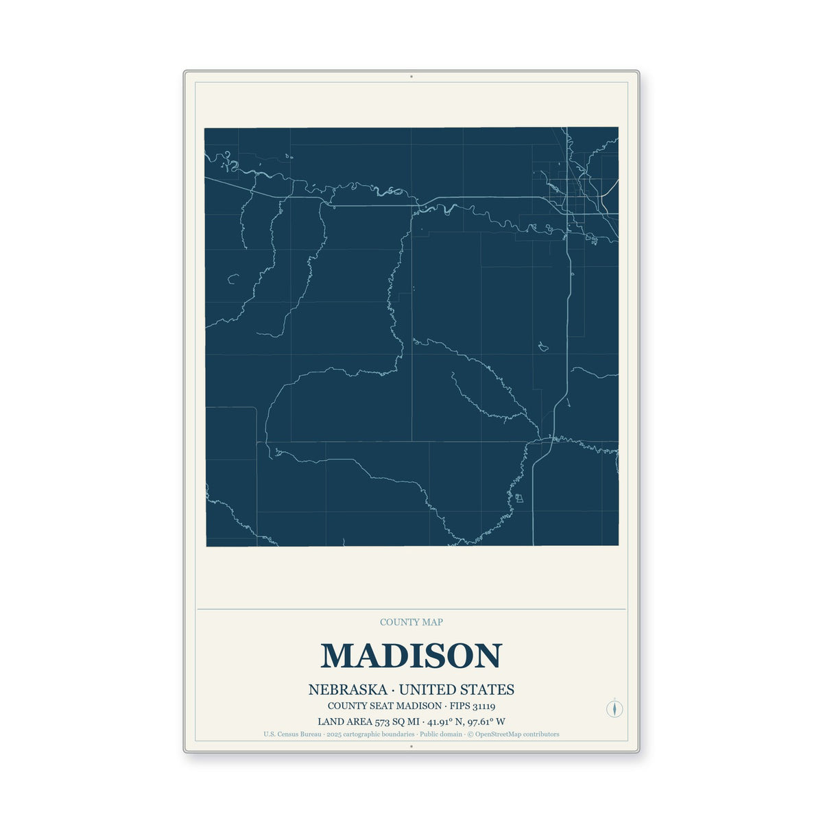 Madison County, Nebraska Map Aluminum Sign in Coastal Cutout style
