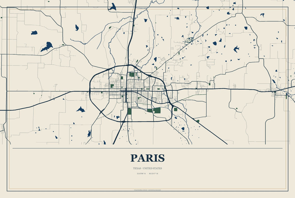 Paris, Texas City Map Aluminum Sign in Coastal Cutout style