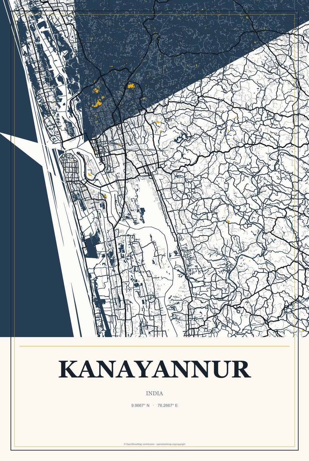 Kanayannur, India City Map Aluminum Sign in Citrine Modern style