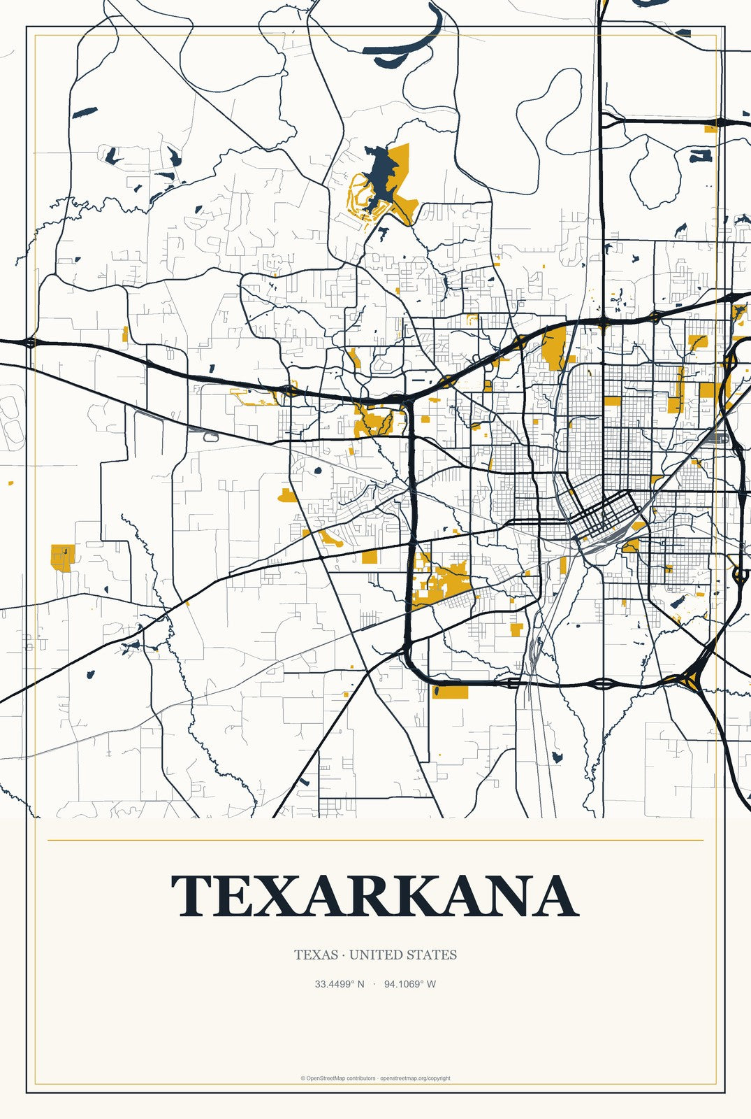 Texarkana, Texas City Map Aluminum Sign in Citrine Modern style