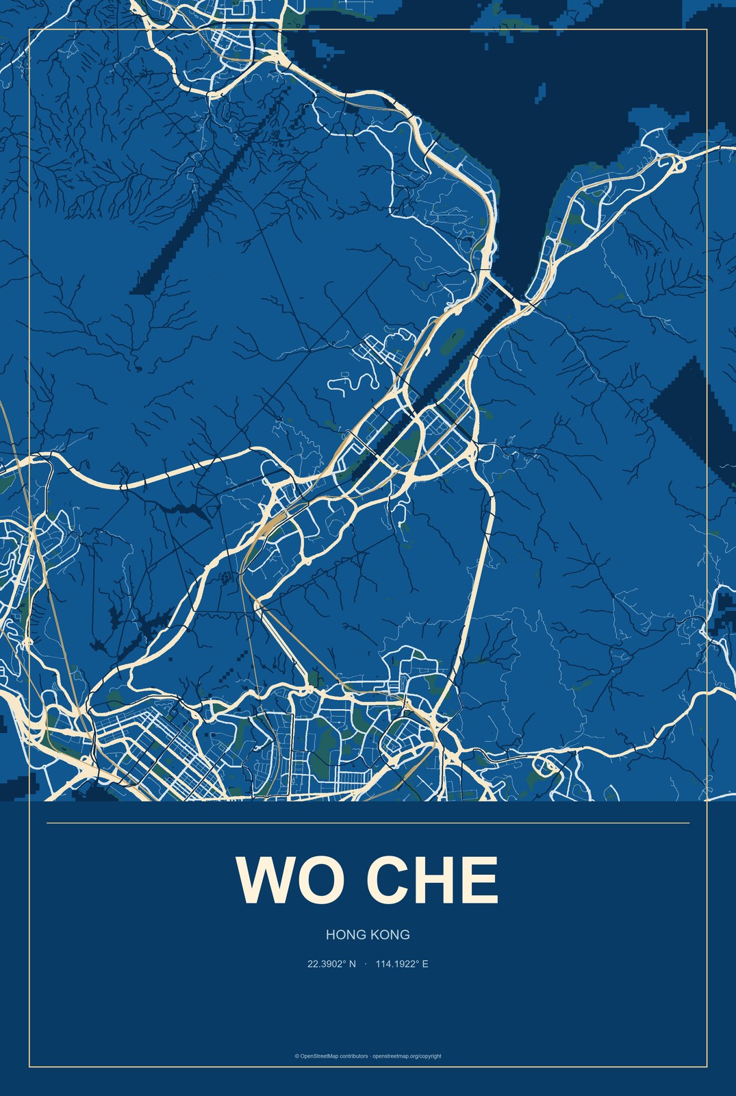 Wo Che, Hong Kong City Map Aluminum Sign in Harbor Cobalt style