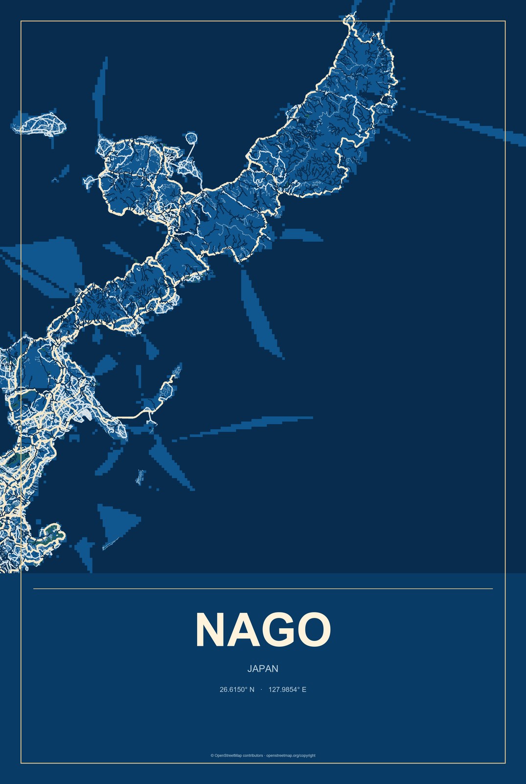 Nago, Japan City Map Aluminum Sign in Harbor Cobalt style