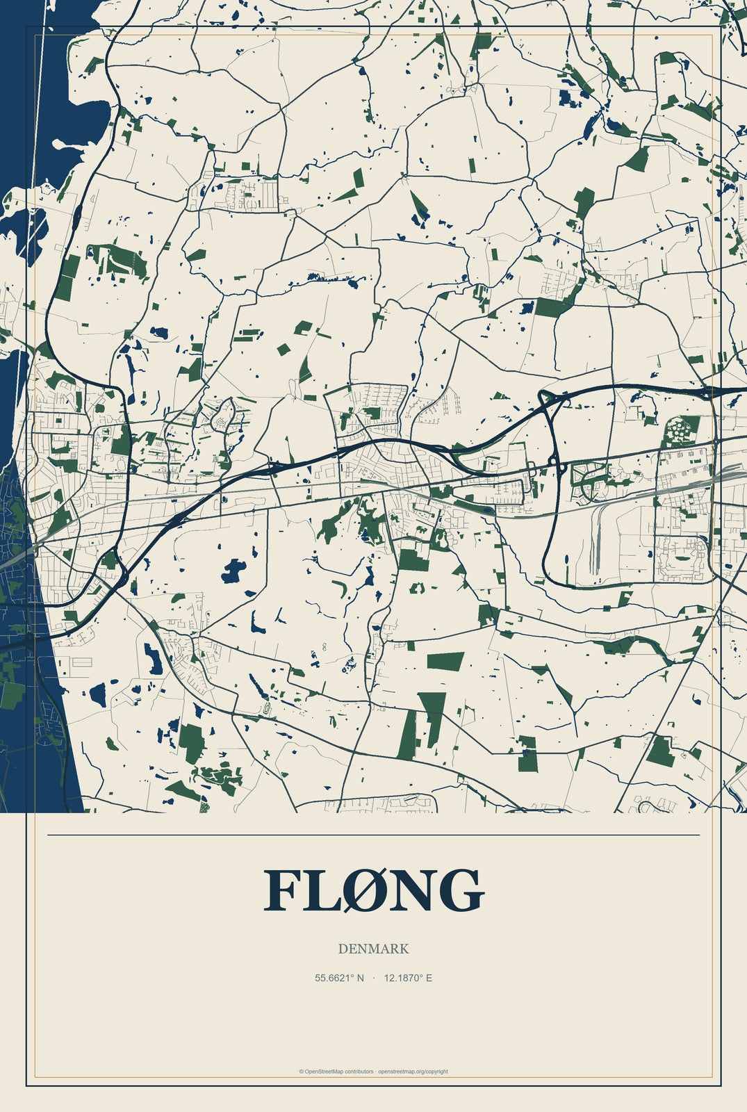 Fløng, Denmark City Map Aluminum Sign in Coastal Cutout style