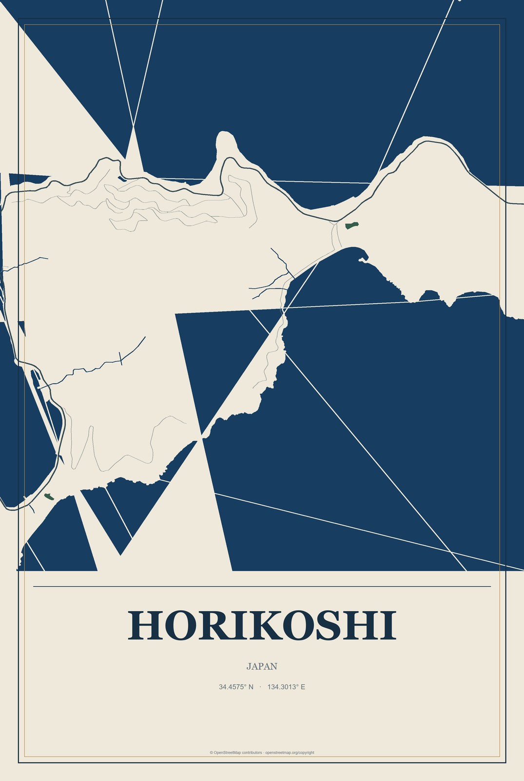Horikoshi, Japan City Map Aluminum Sign in Coastal Cutout style