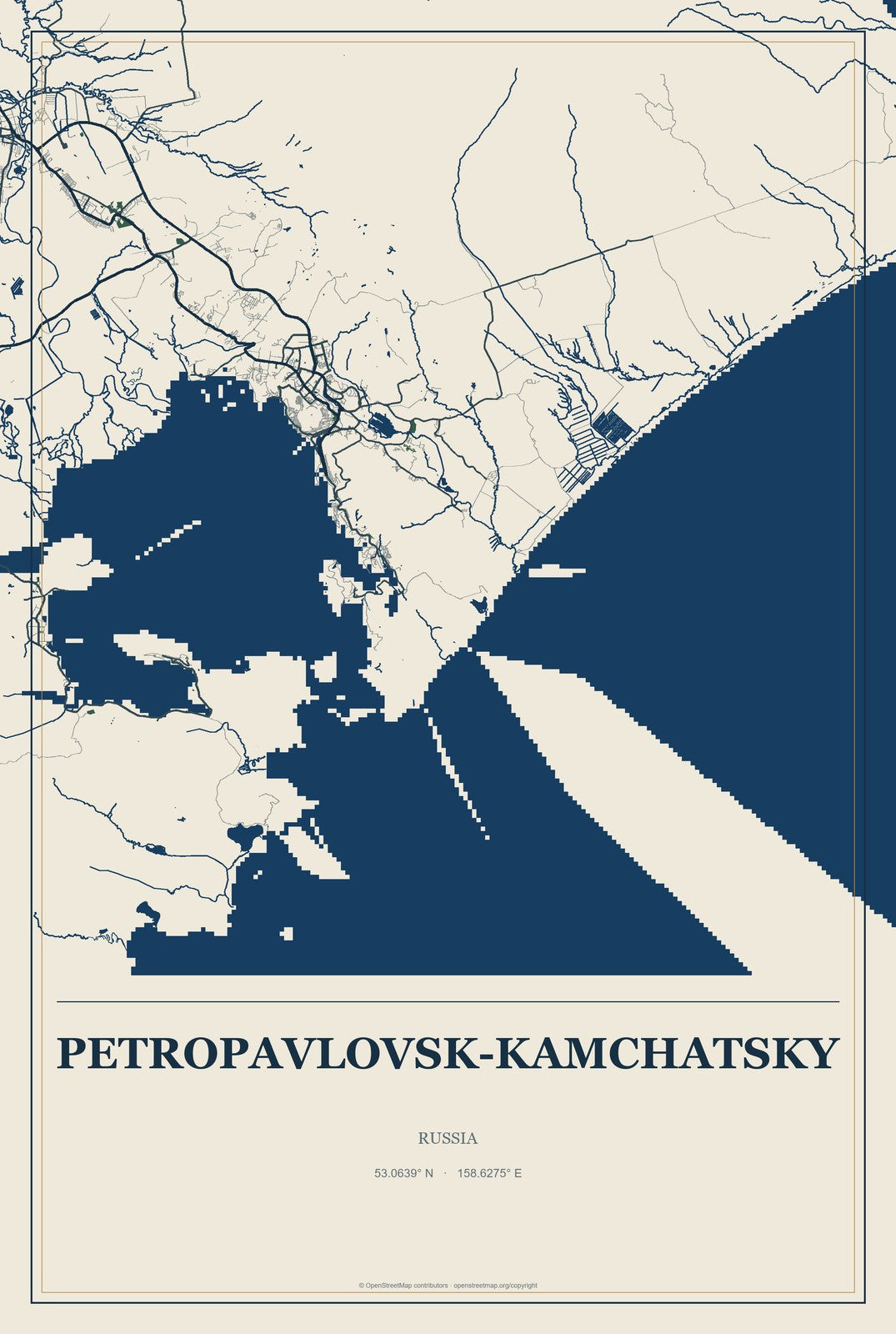 Petropavlovsk-Kamchatsky, Russia City Map Aluminum Sign in Coastal Cutout style