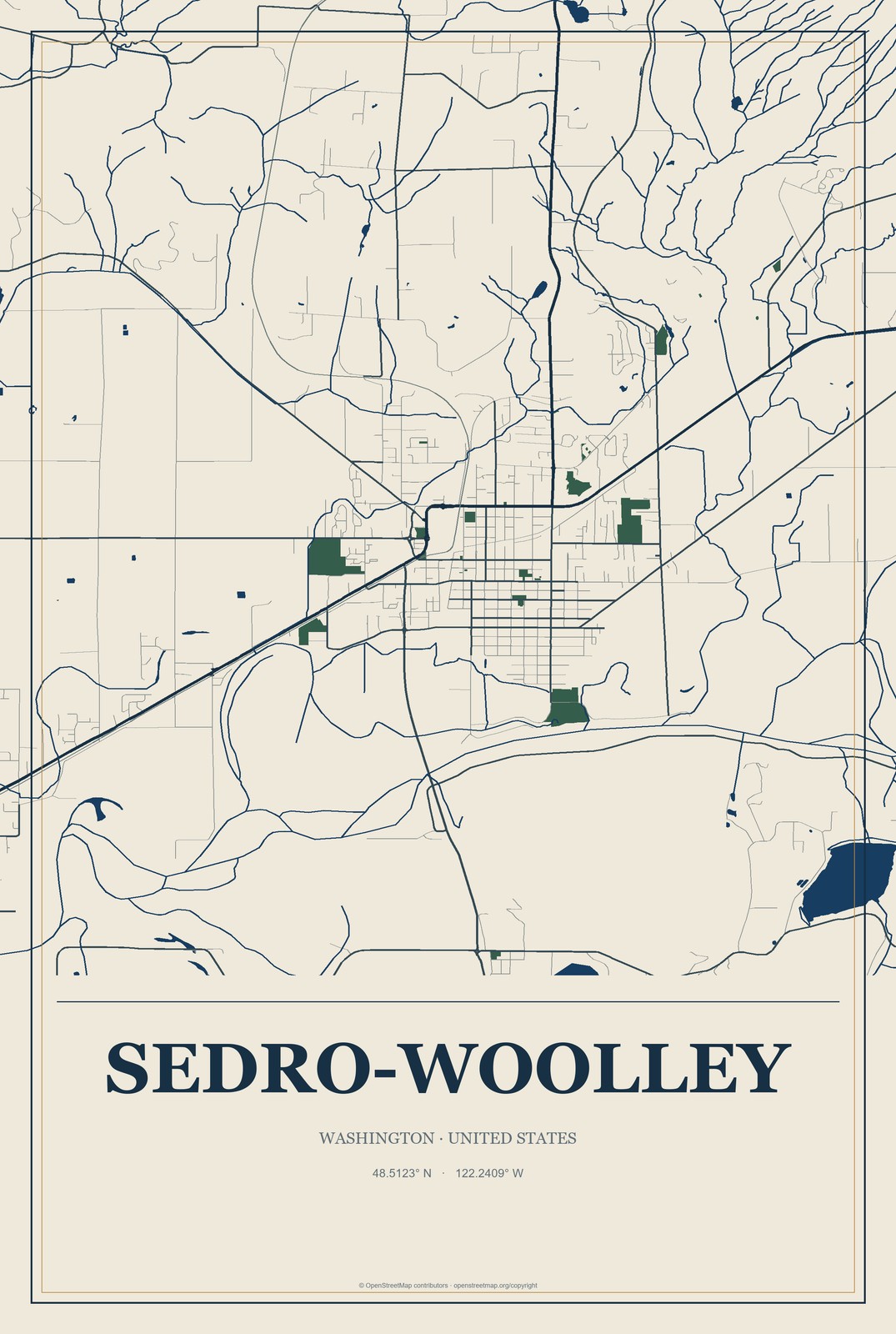 Sedro-Woolley, Washington City Map Aluminum Sign in Coastal Cutout style