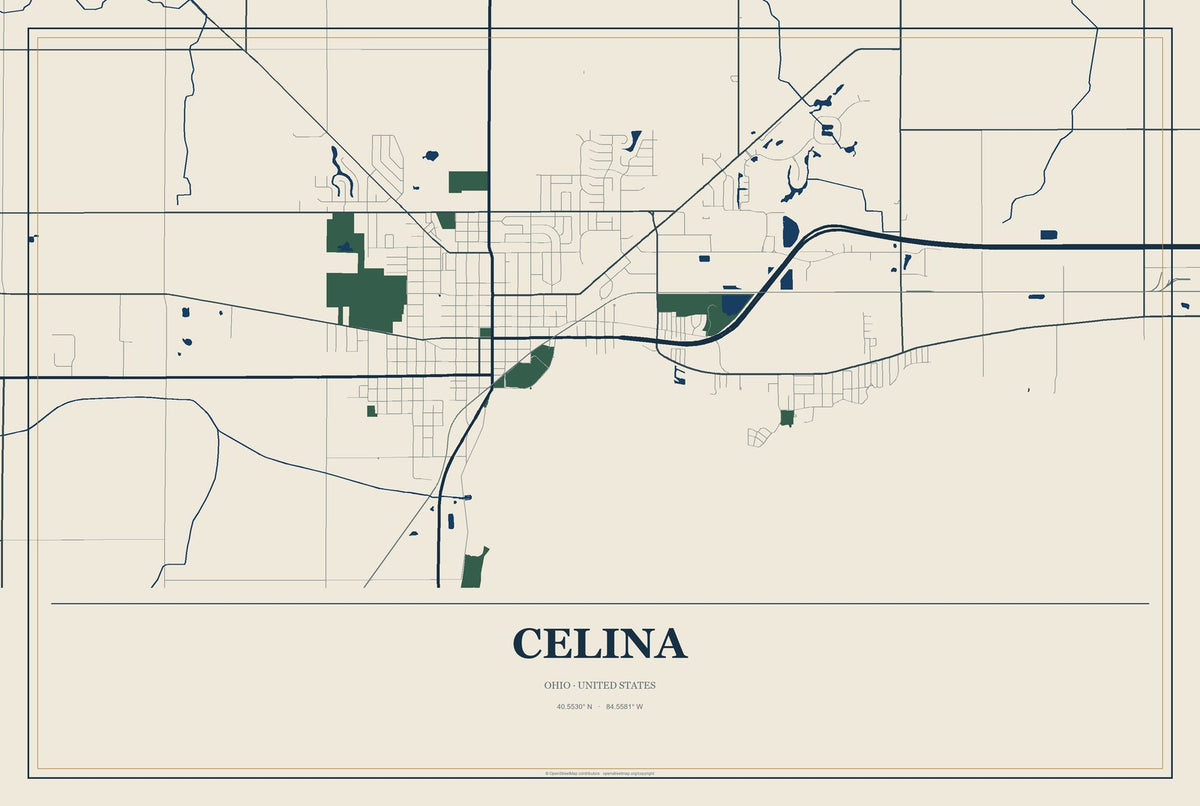 Celina, Ohio City Map Aluminum Sign in Coastal Cutout style